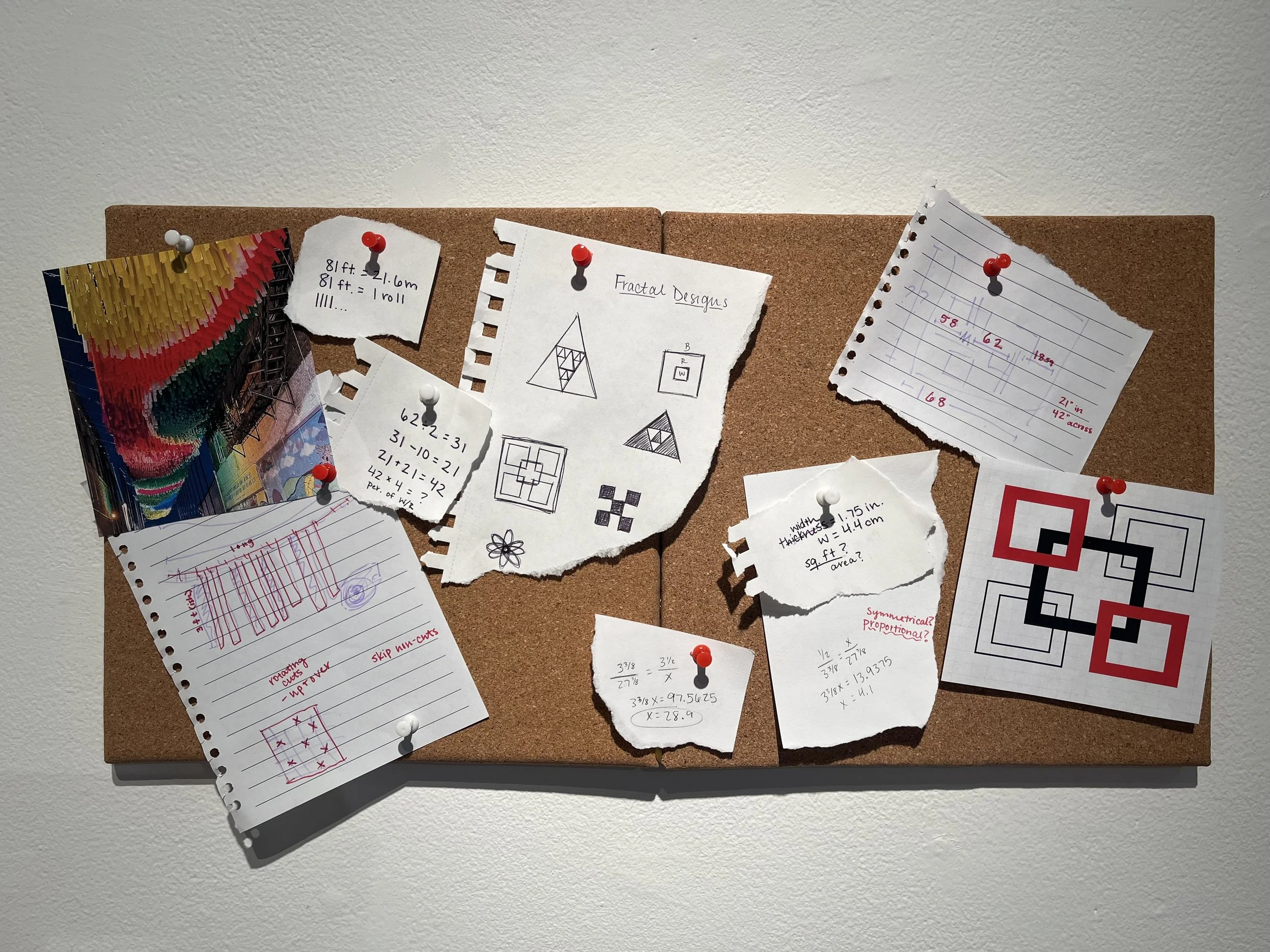 Cork bulletin board with various torn and regular pieces of paper pinned with red and white push pins, containing mathematical and scientific notes, diagrams, and sketches.