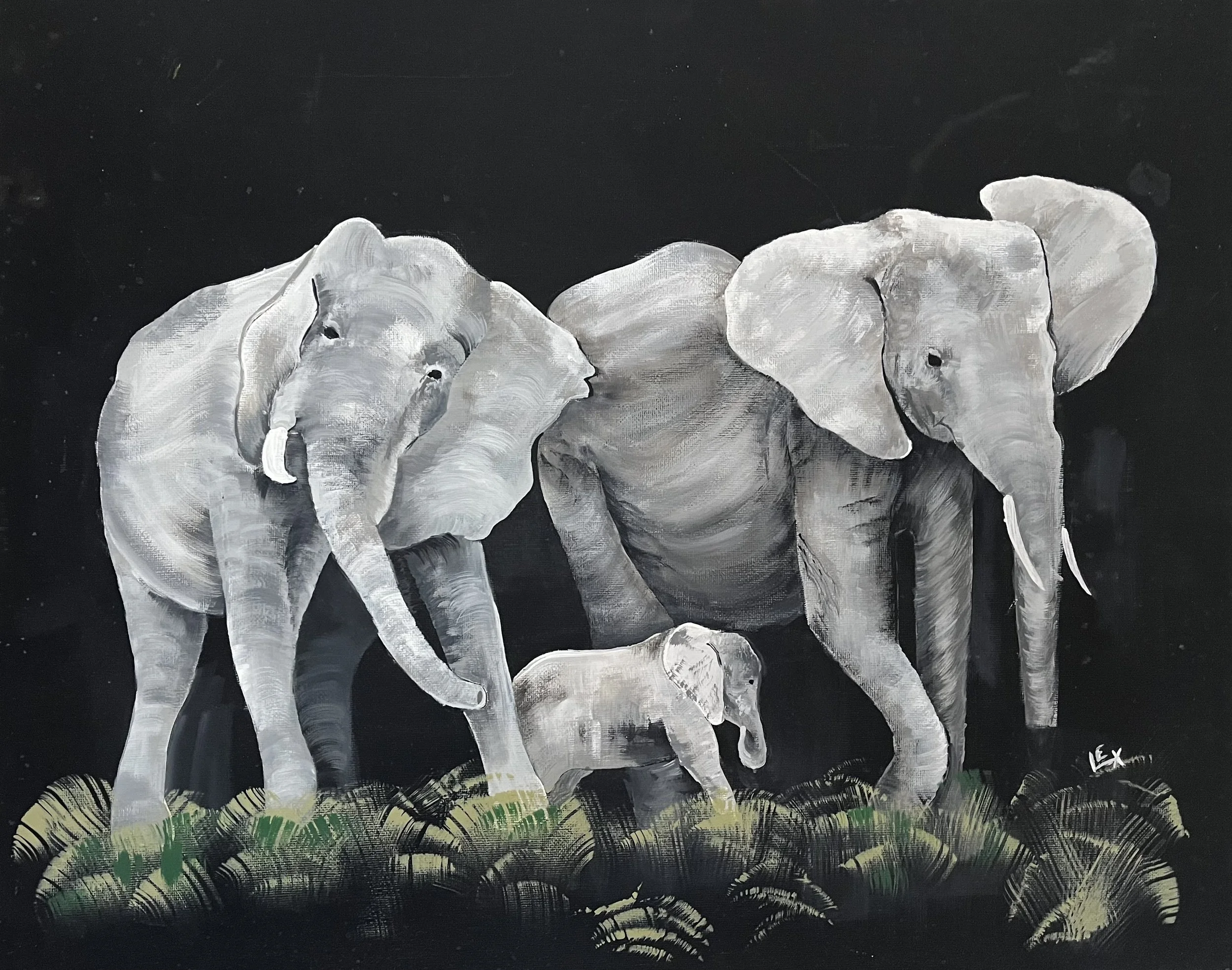 A painting of three white elephants standing on green grass with a dark background.