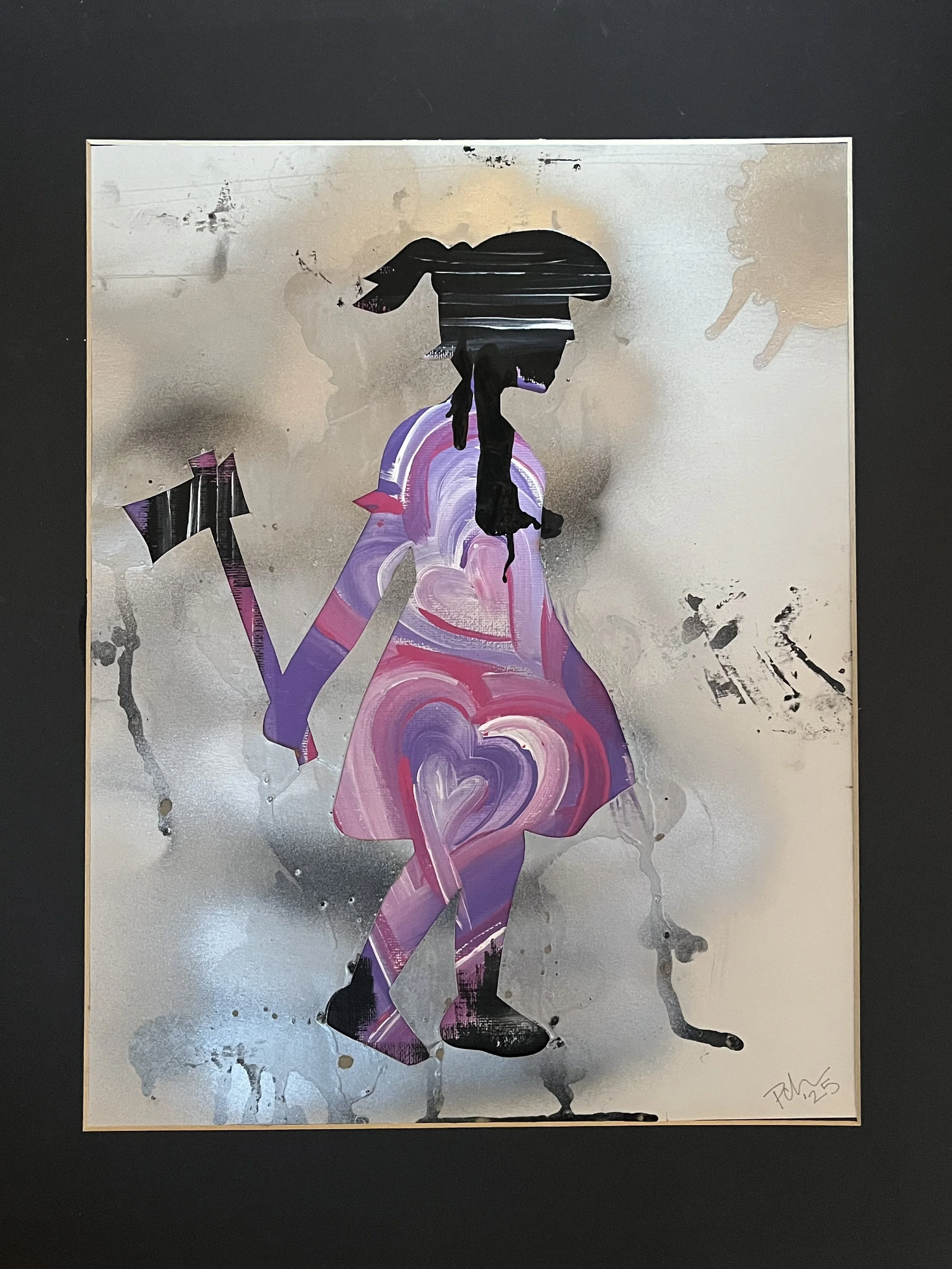 Abstract artwork featuring a silhouette of a woman with flowing hair, painted in on pink and purple tones, with splashes of black and gray around her, signed and dated in the bottom right corner.
