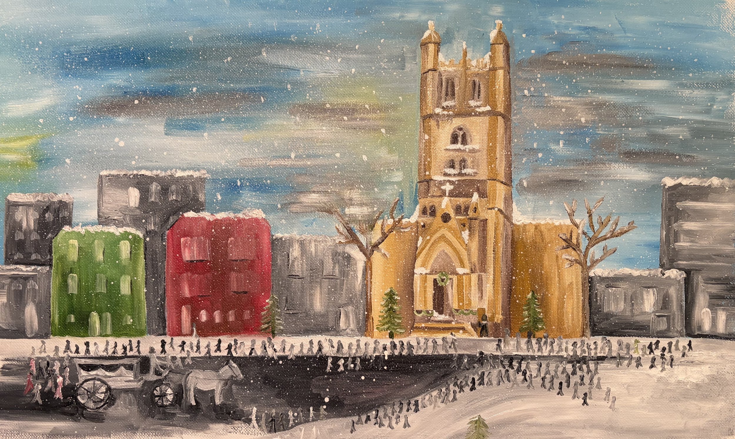 A watercolor painting of a winter city scene featuring colorful buildings, a church with two steeples, and a horse-drawn carriage, with snow falling and people walking on the street.