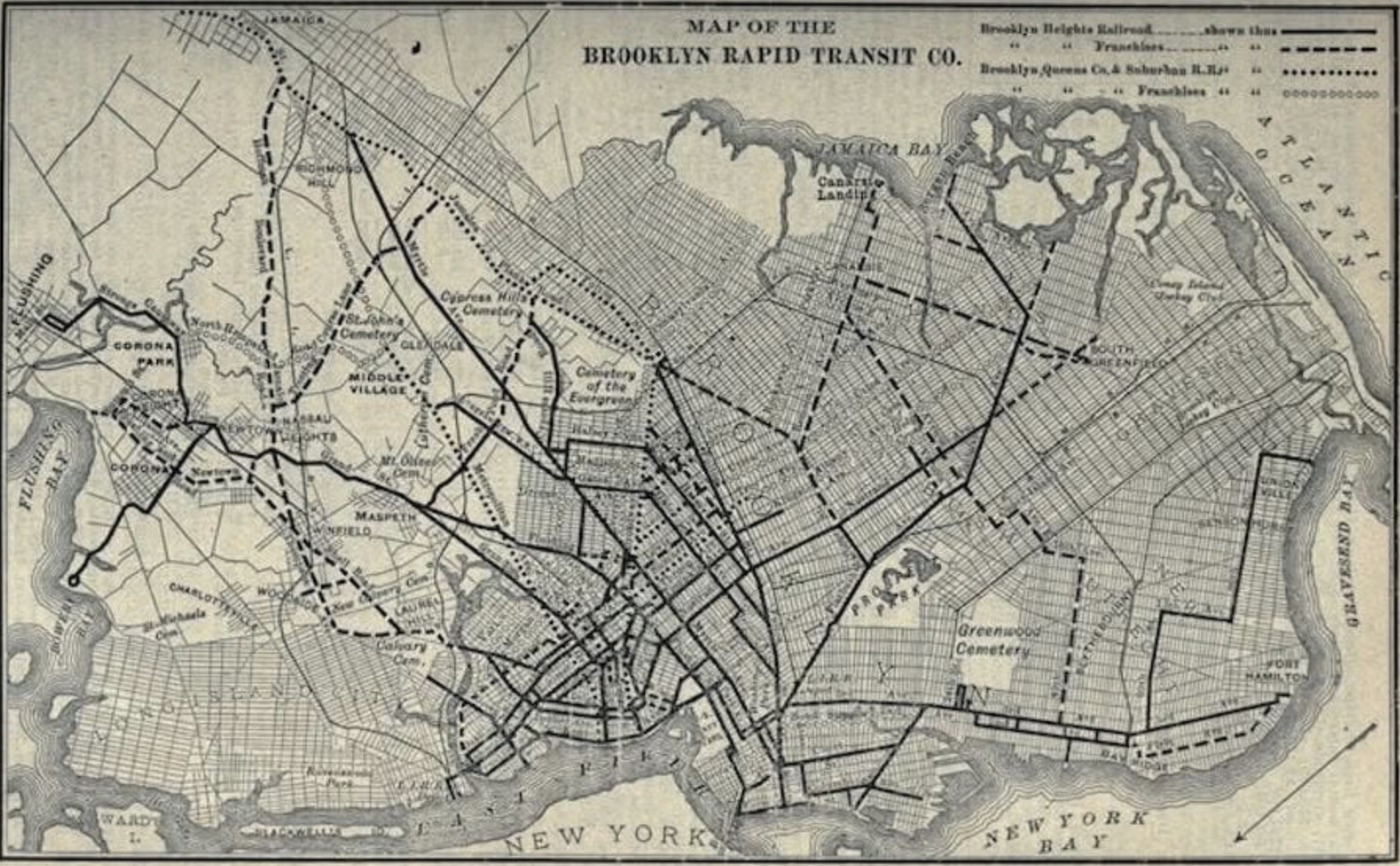 Historical map of Brooklyn, New York, showing transit lines and neighborhoods from an old Brooklyn Rapid Transit Company map.