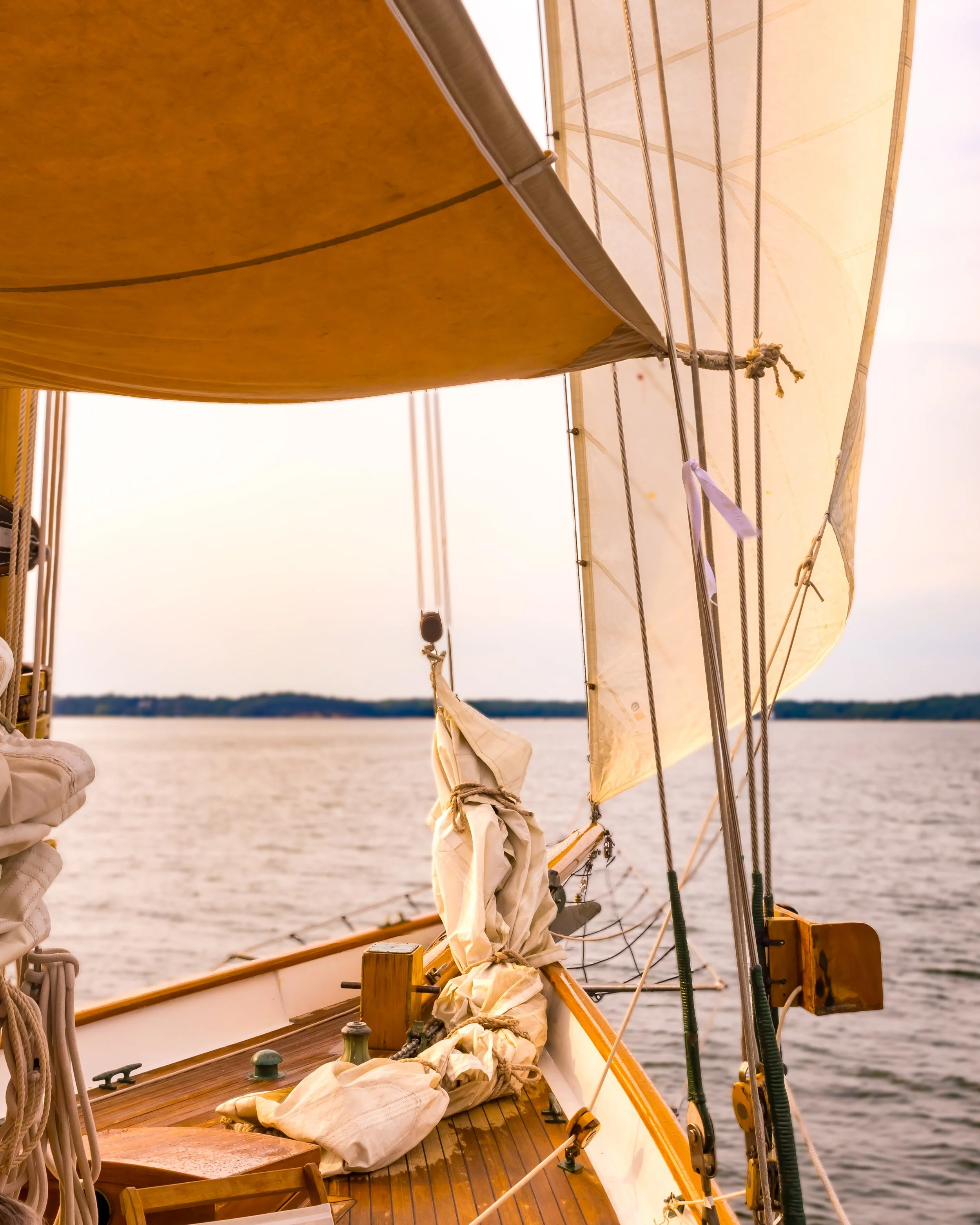 Close-up of a sailboat deck with a large cream-colored sail, wooden deck, and ropes, with water in the background and a distant shoreline with trees.