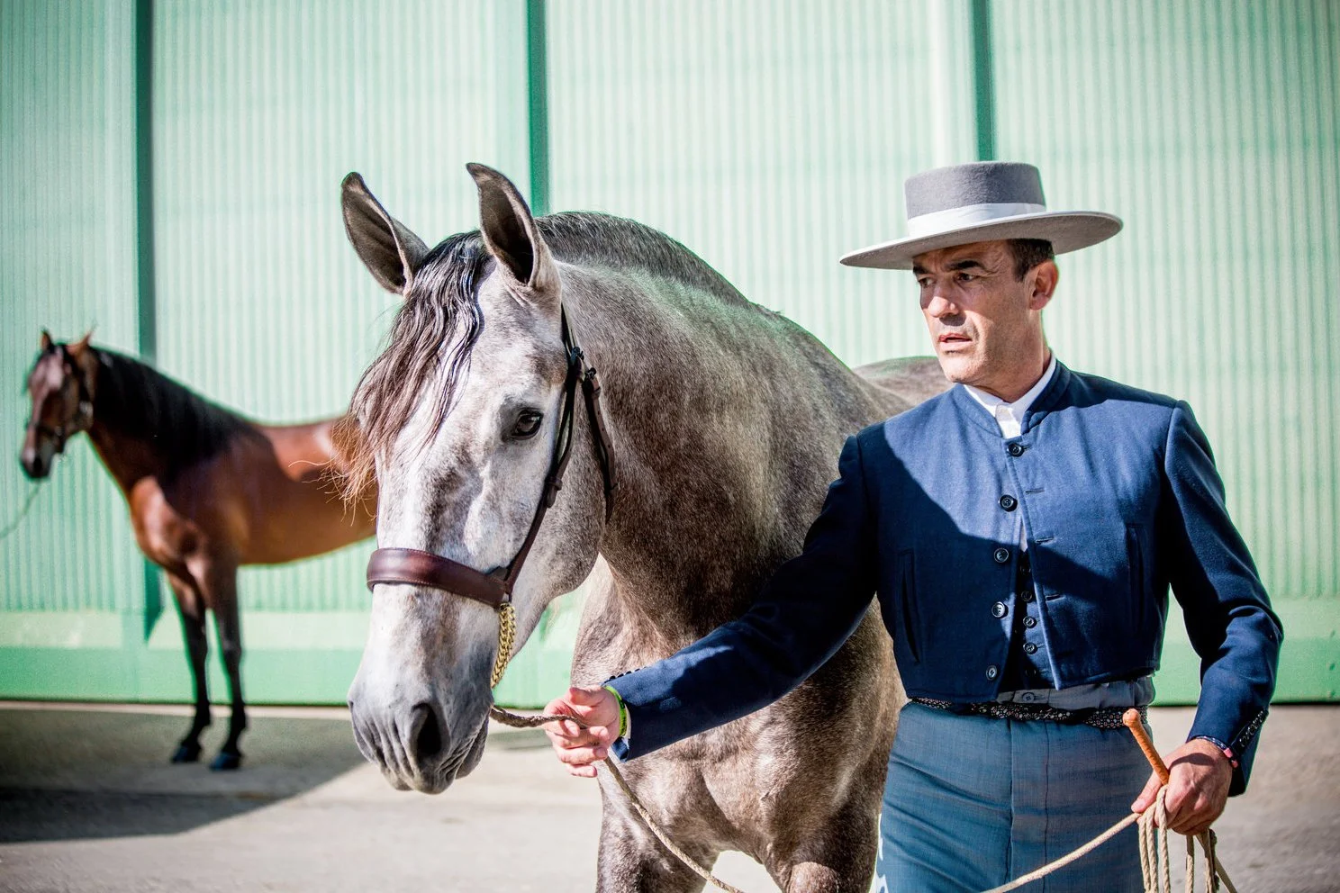 A man dressed in vintage riding attire holding a gray horse with another brown horse in the background inside a green indoor riding arena.