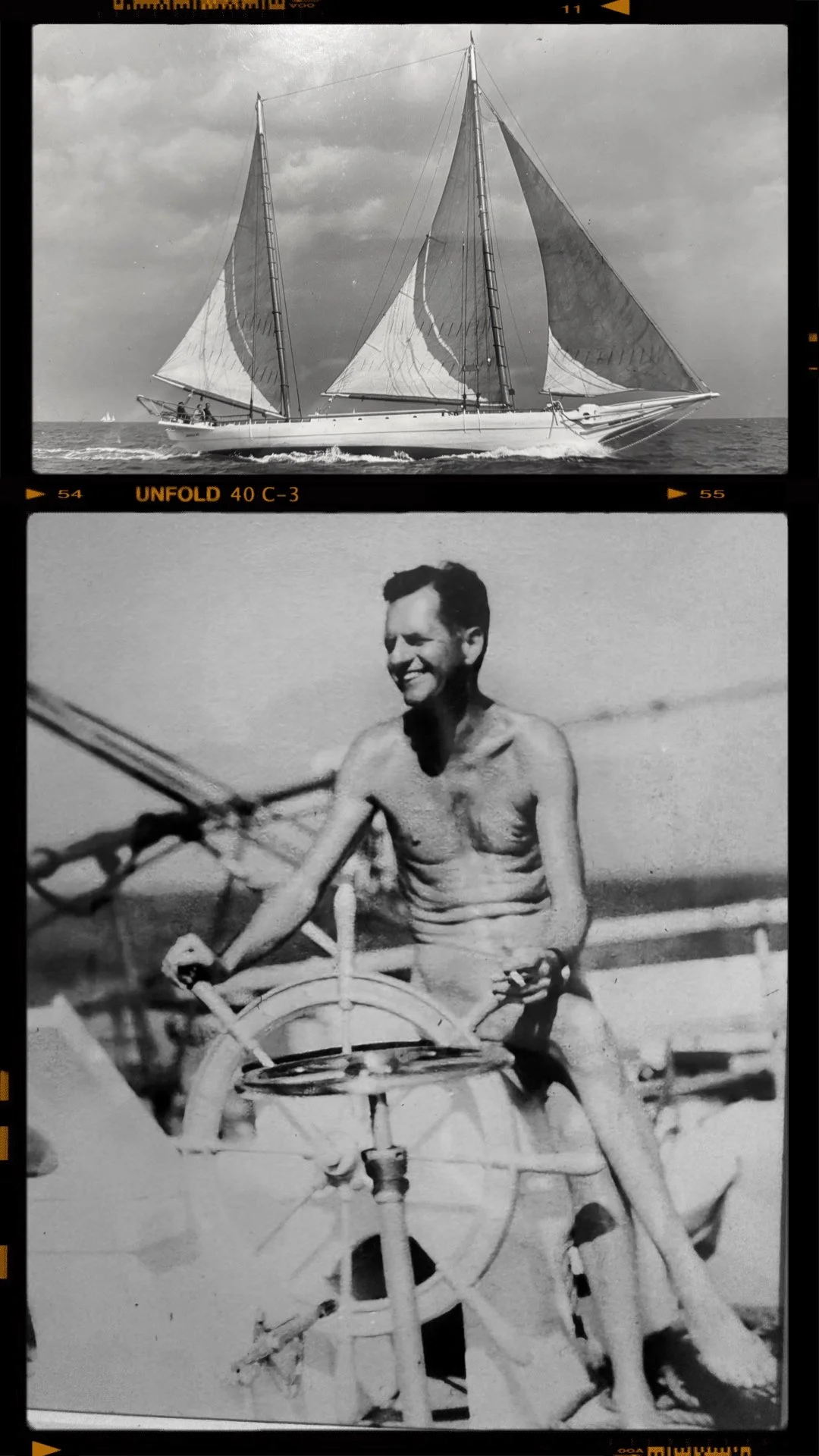 Top: Black and white photo of a sailboat with multiple sails on the water. Bottom: Black and white photo of a smiling man with short hair, shirtless, sitting at the helm of a boat, holding the steering wheel.