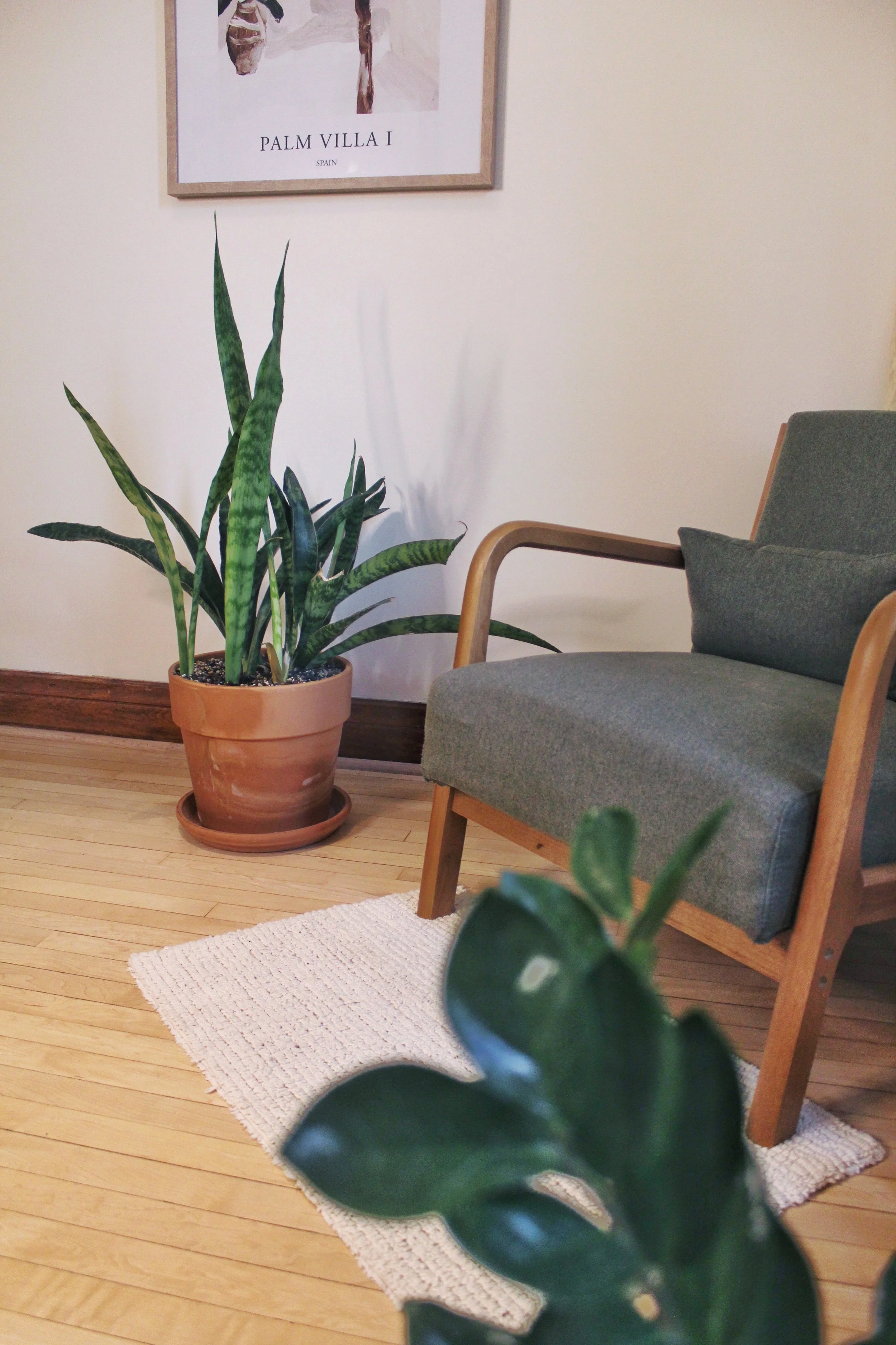 Salle d'attente tranquille chez Kyma Facial Care à Rosemont, Montréal.