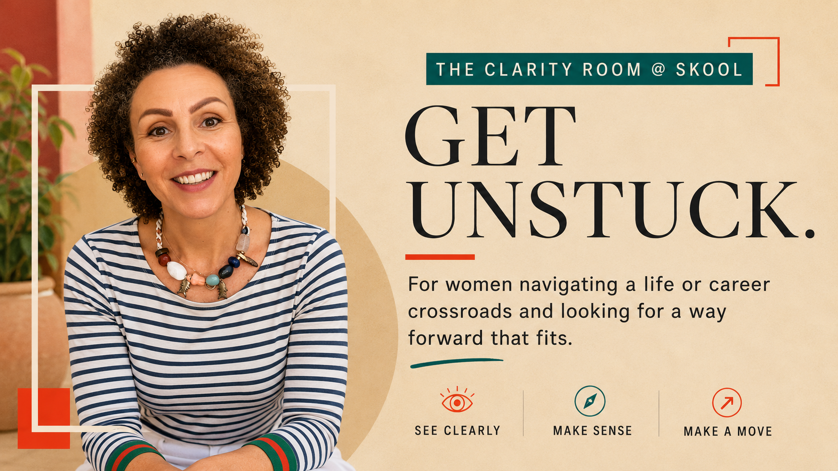 A woman with curly hair wearing a striped shirt and colorful necklace, smiling at the camera, with text promoting a program called "Get Unstuck" for women navigating career crossroads.