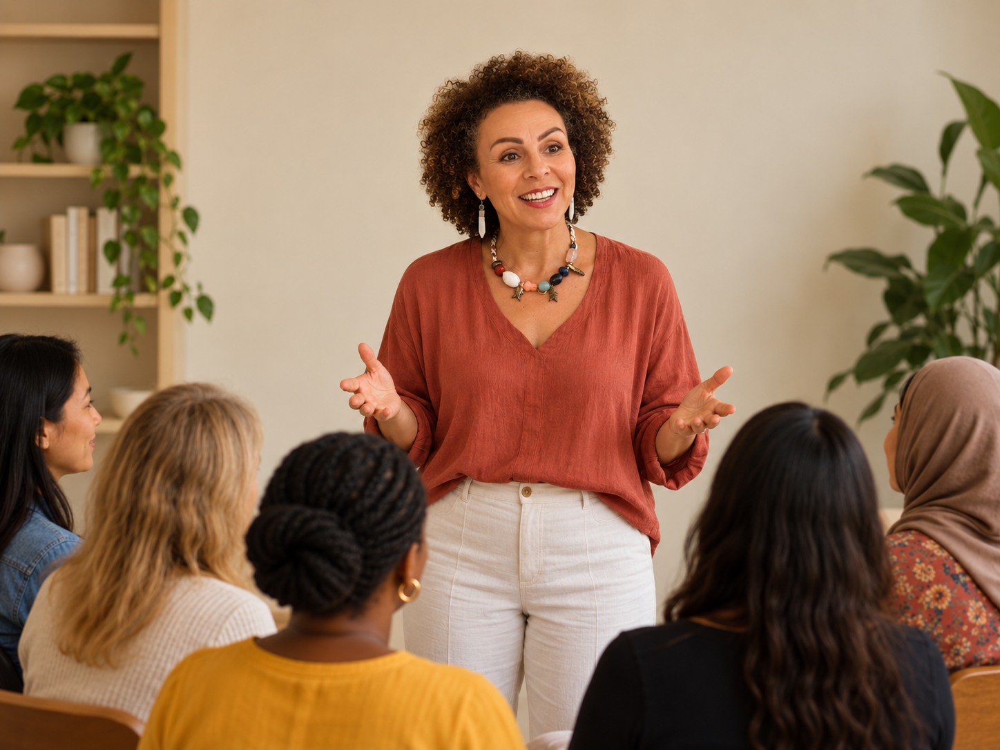 A woman with curly hair, wearing a reddish-orange blouse and colorful beaded necklace, is speaking to a group of women seated in a room.