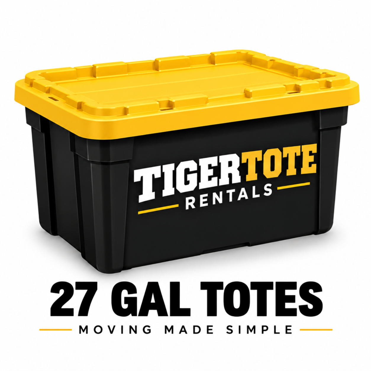 A black and yellow plastic tote box with the text "Tigertote Rentals" on the side, used for moving or storage, with a label indicating it holds 27 gallons.