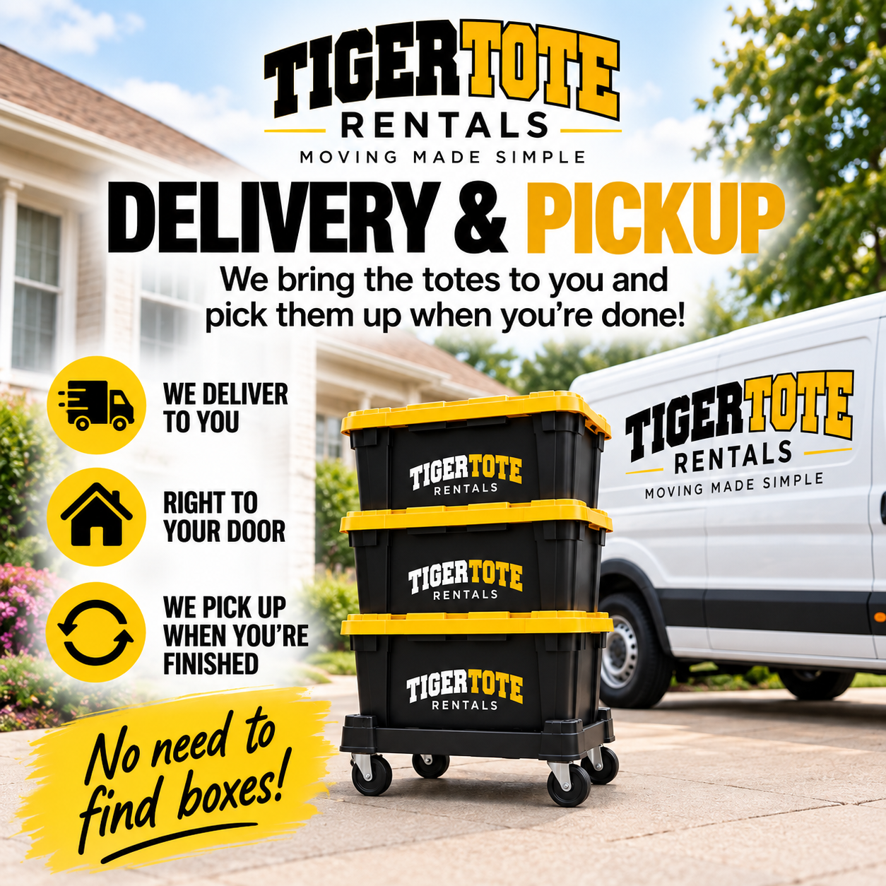 A promotional sign for Tiger Tote Rentals showcasing their delivery and pickup services. The sign has bold text and icons explaining that they deliver to your home, bring totes to you, and pick them up when you're finished. The sign also features three black and yellow tote containers on a cart and a Tiger Tote Rentals van with the company logo in the background. The message emphasizes no need to find boxes.