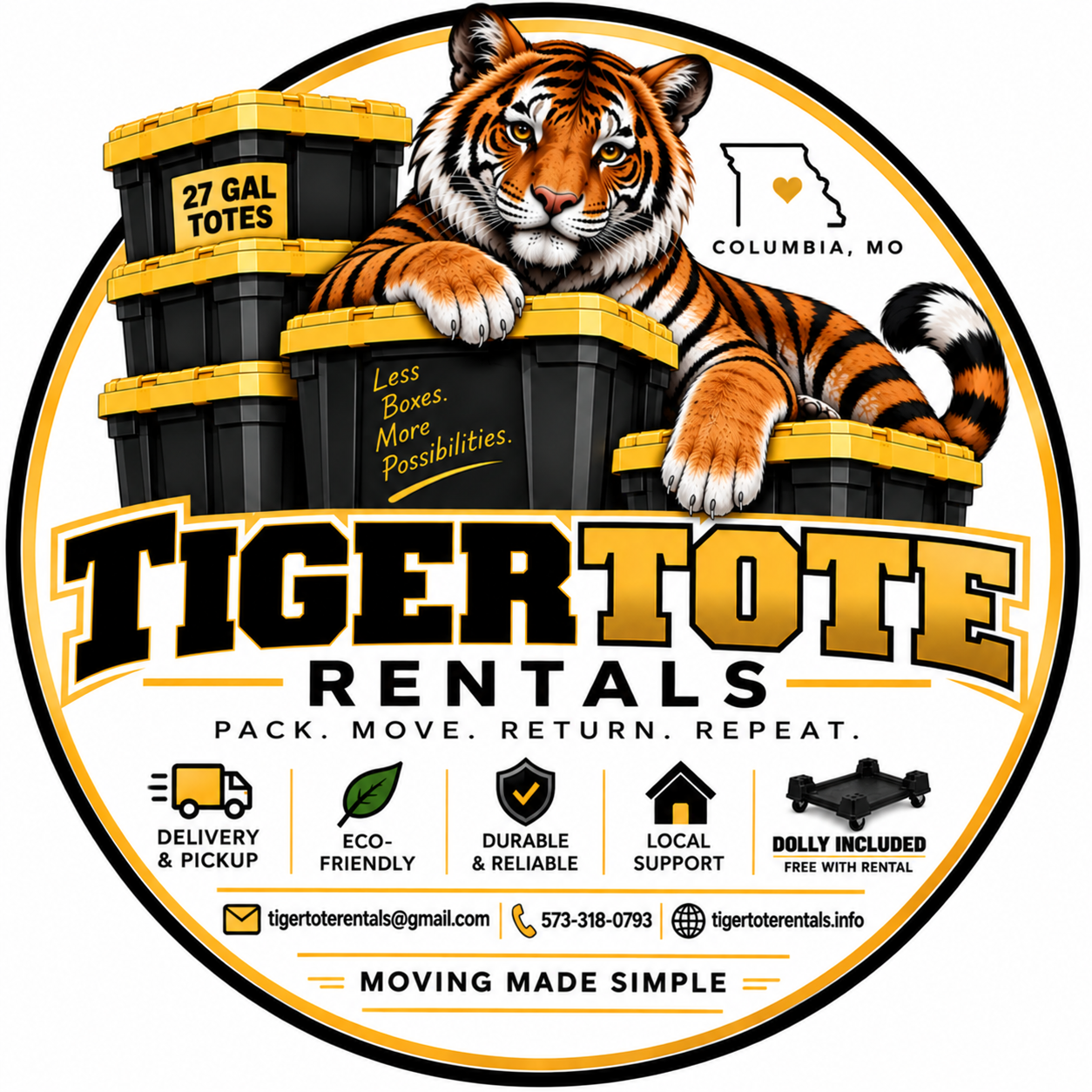 Circular logo for Tigertote Rentals featuring a cartoon tiger laying on black and yellow storage totes with text 'Less Boxes. More Possibilities.' The logo includes an outline of Missouri with a heart in Columbia, MO, and symbols indicating delivery, eco-friendliness, durability, local support, and a drone included, along with contact information and the tagline 'Moving Made Simple.'