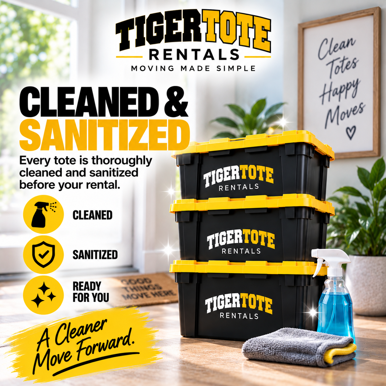 Stack of three black storage totes with yellow lids labeled 'TigerTote Rentals' in a cleaning and organization setup. A spray bottle, gray towel, and cleaning cloth are in front, with a bright, tidy room and a whiteboard on the wall that says ‘Clean Totes Happy Moves’ in the background.