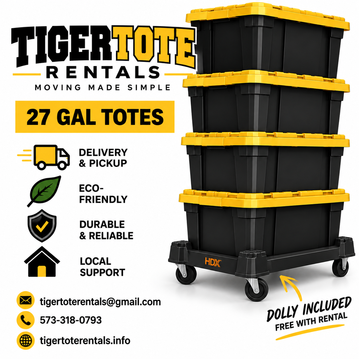 A promotional image for TigerTote Rentals showcasing four black 27-gallon storage totes with yellow lids stacked on a wheeled cart. The text highlights the company's services, including delivery and pickup, eco-friendly and durable design, and local support. Contact details and an included free dolly are also presented.
