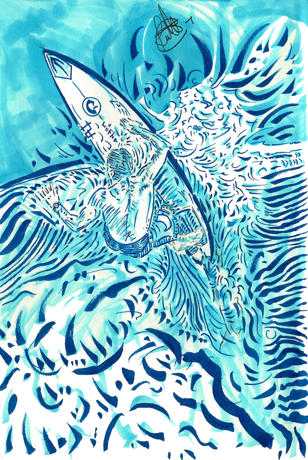 A blue ink drawing of a person riding a jet ski on water, creating waves and spray.