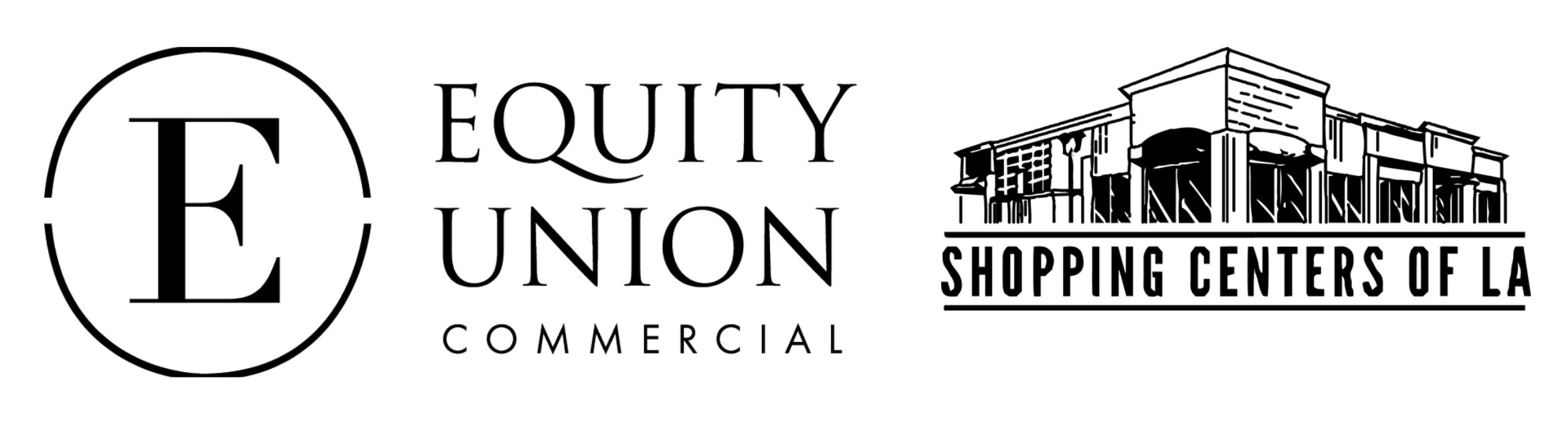 Logos for Equity Union Commercial and Shopping Centers of LA, with the latter featuring a line drawing of a shopping mall.