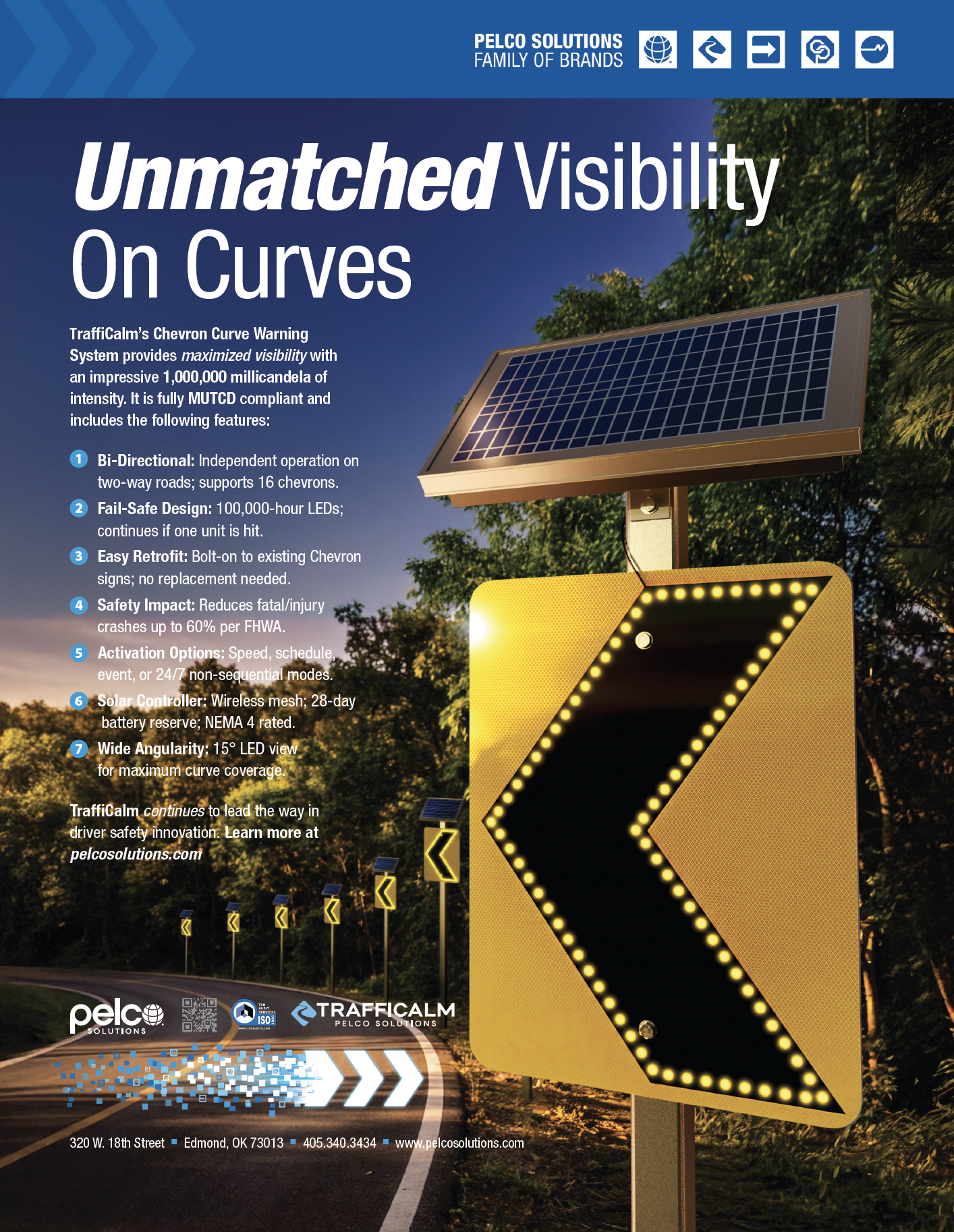 Advertisement for TrafficCalm Chevron Curve Warning System features a large arrow sign with yellow border and LED lights, a solar panel on top, and smaller curved arrow signs along the road. The sky is dusk, and trees are in the background.