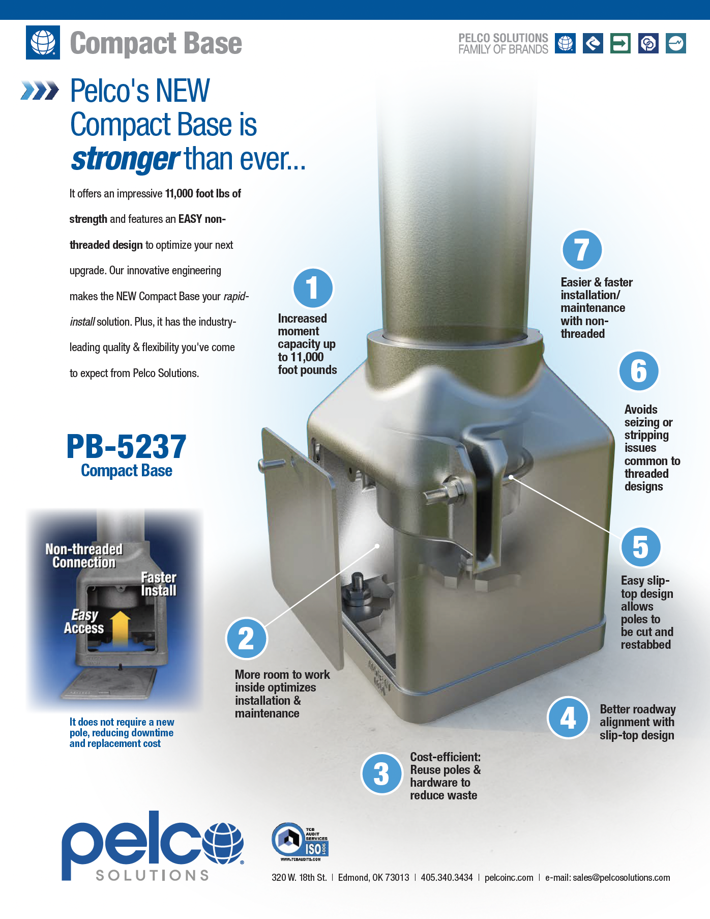 A promotional infographic for Pelco Solutions' new compact base, model PB-5237. The image shows a metallic base with numbered features highlighting its increased capacity, easy installation, space for maintenance, better roadway alignment, and cost efficiency. Additional smaller images and icons explain benefits like non-threaded connection, easier access, and faster install.