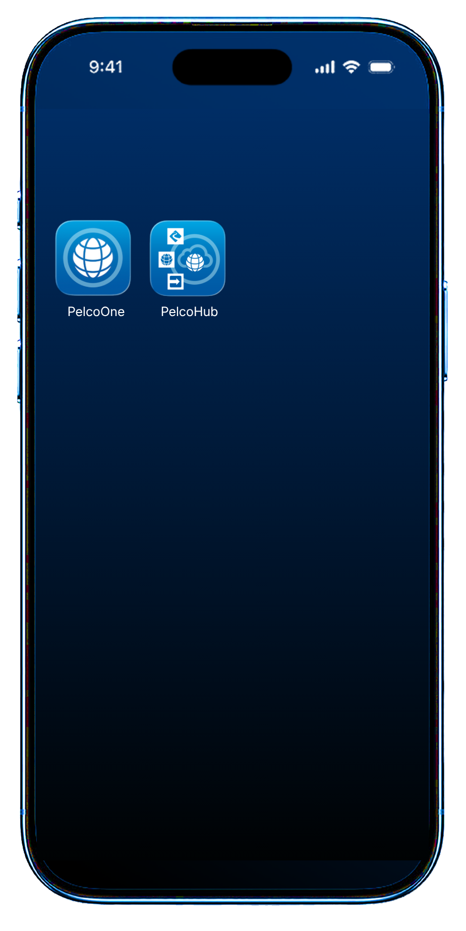 The screen displays two app icons labeled PelcoOne and PelcoHub on a smartphone, with the time showing 9:41 and signal icons at the top.