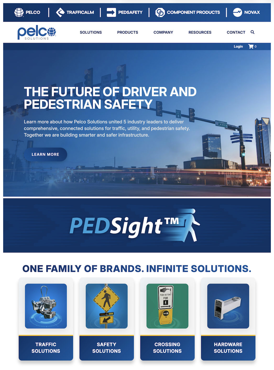 Screenshot of Pelco Solutions website homepage featuring traffic and pedestrian safety products, a cityscape background, and navigation menu with brands and solutions such as TrafficCalm, Pedsafety, Component Products, and Novax.