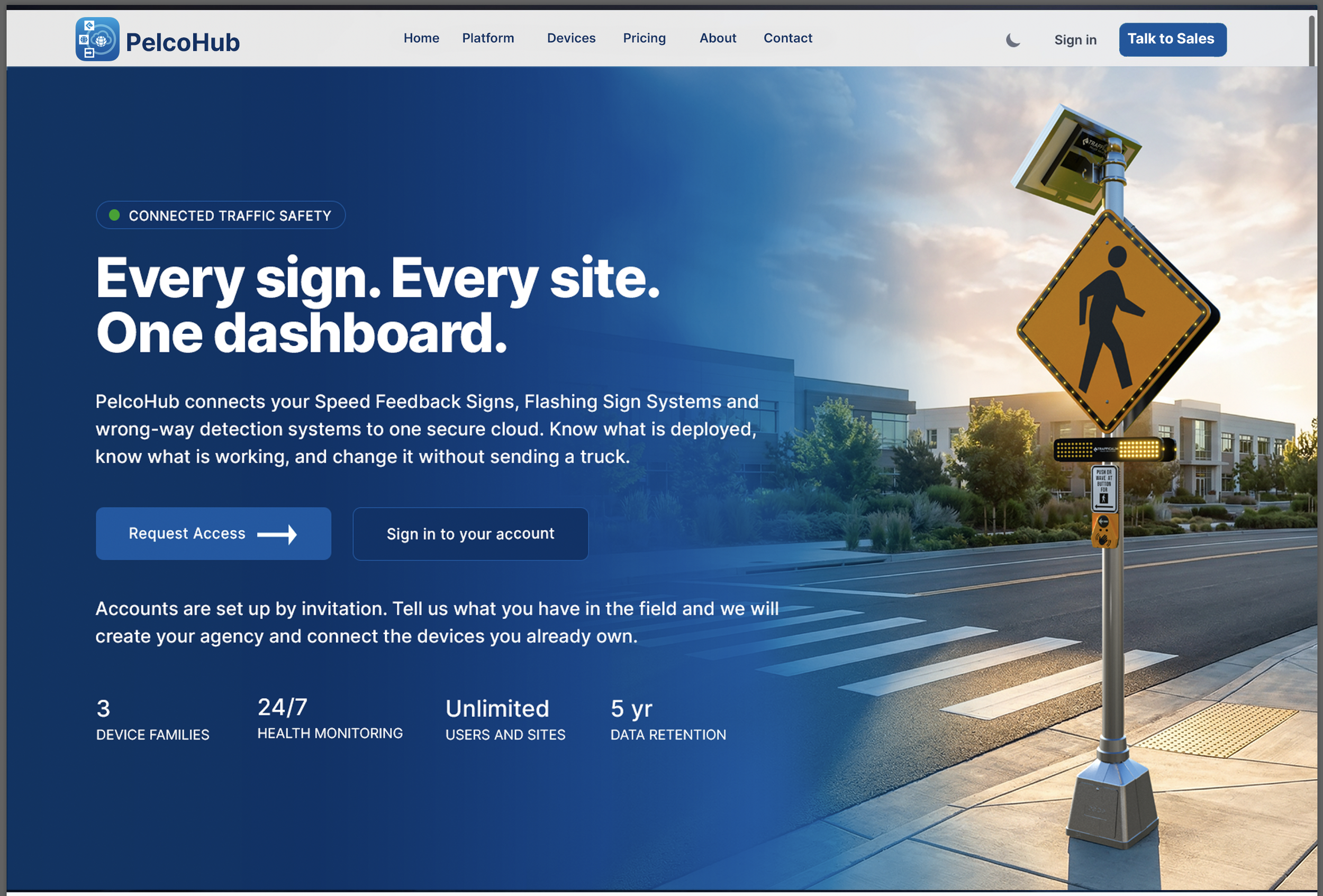 The PelcoHub cloud based platform featuring an image of the Pelco Solutions Push2Cross Go.