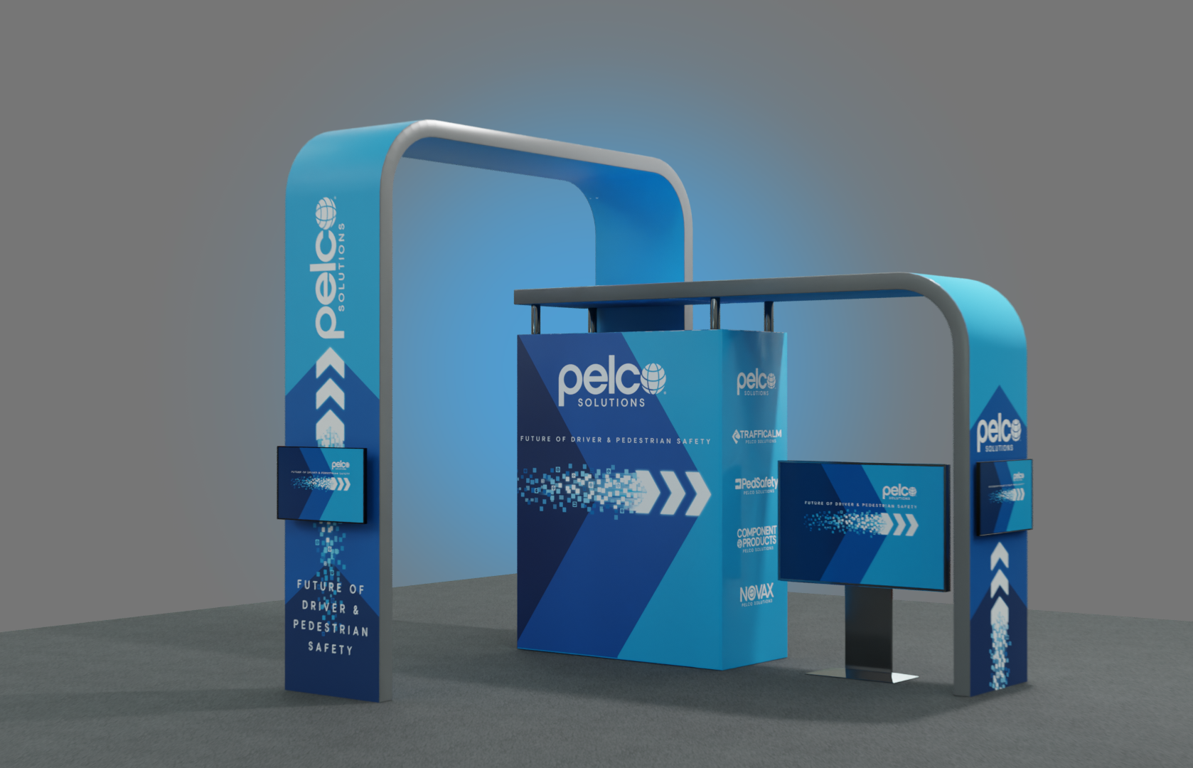Exhibition booth for Pelco Solutions featuring digital screens, banners, and a blue color scheme with graphics related to driver and pedestrian safety.