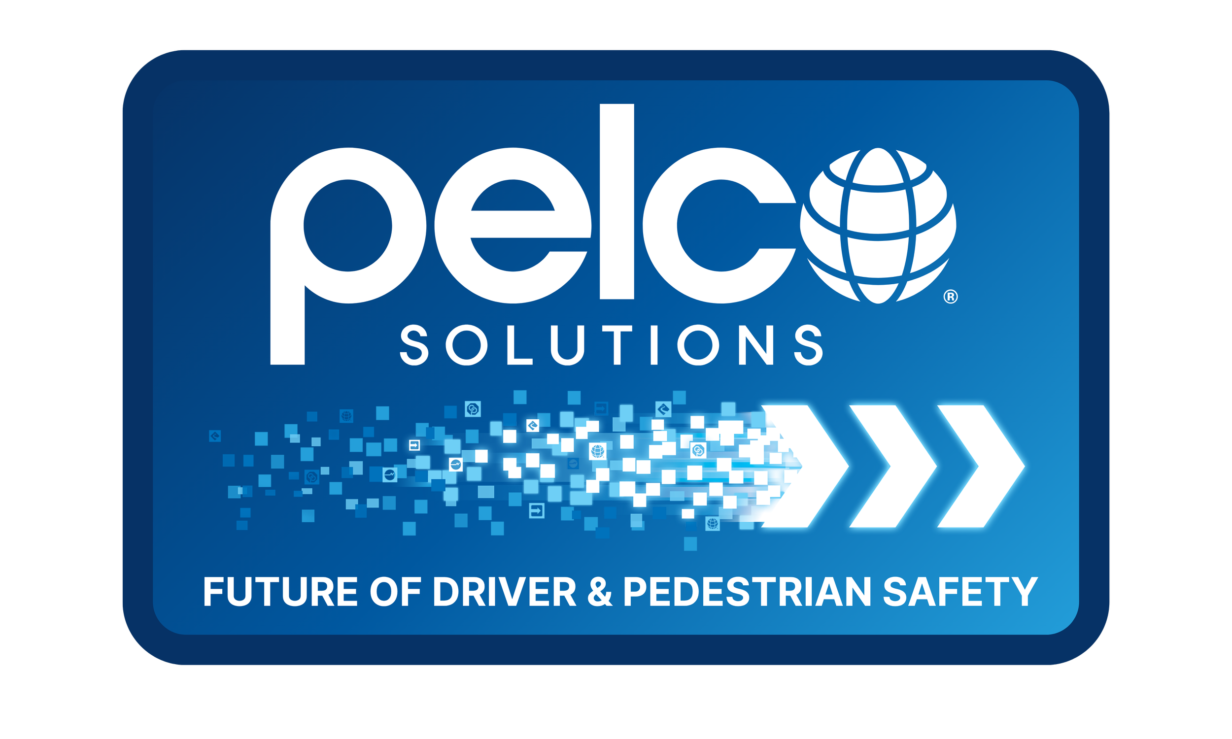 Pelco Solutions logo with digital graphics and arrows, emphasizing future driver and pedestrian safety.