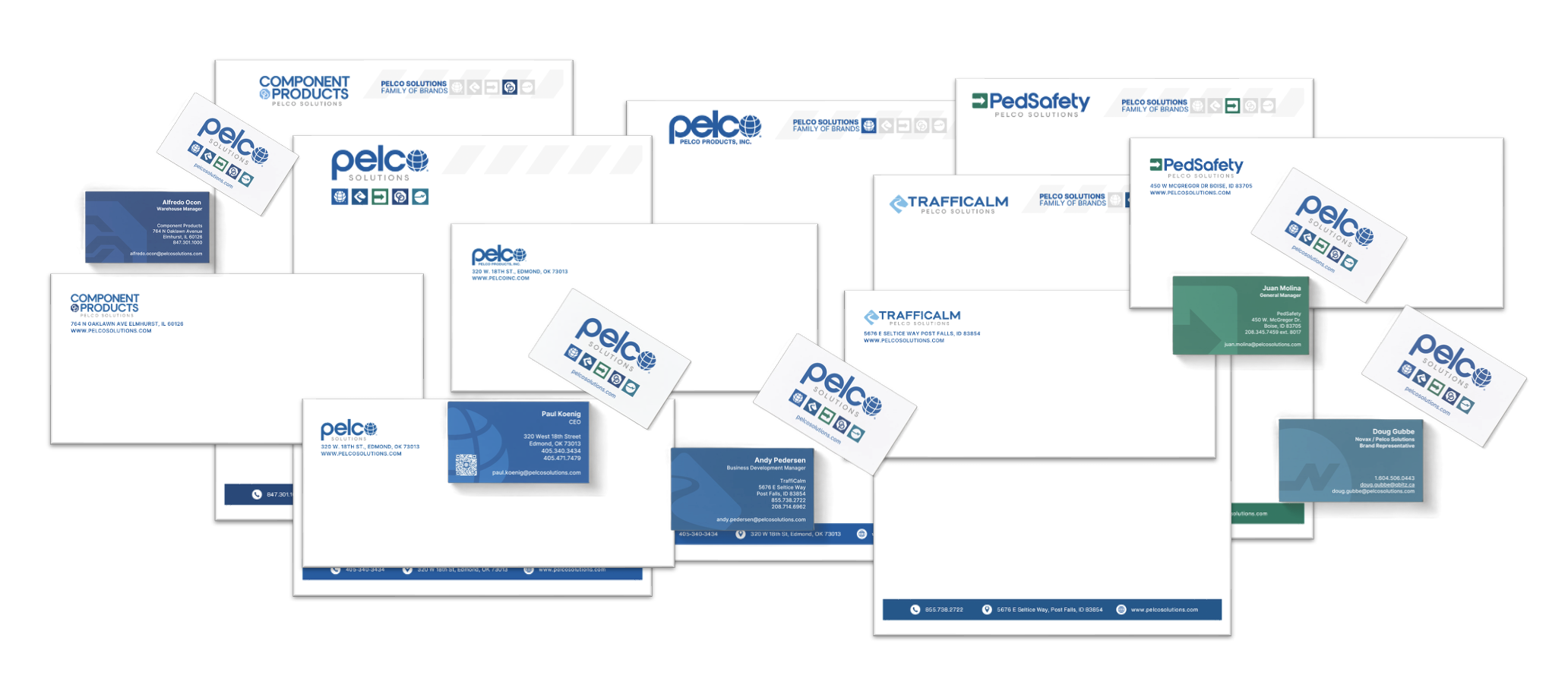 Collection of business assets with related family of brands, featuring contact information and company logos.