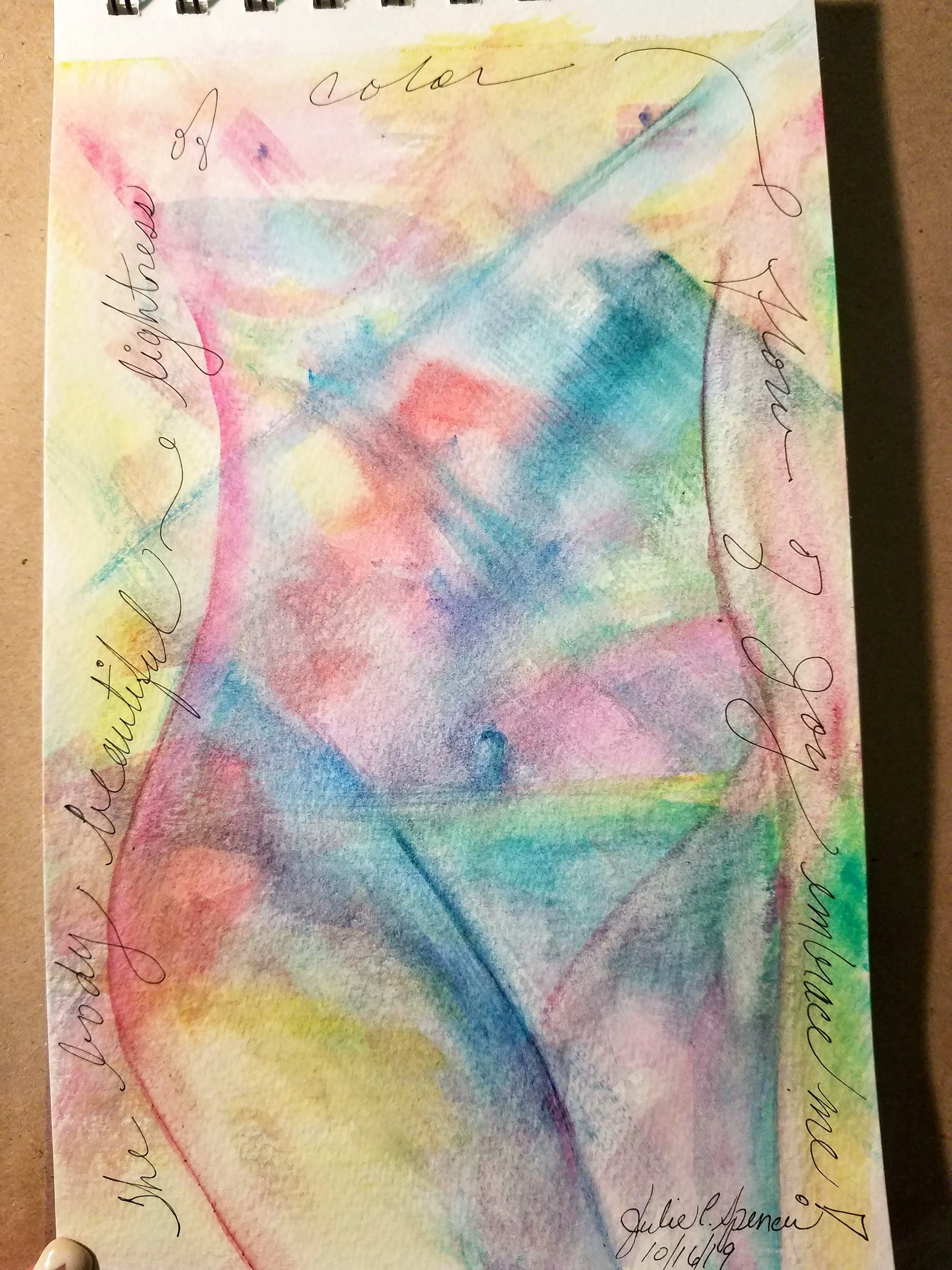 A colorful, abstract watercolor painting with shades of pink, blue, yellow, and green. Black cursive handwriting surrounds the painting, with words like 'July 10, 2019,' and an artist's signature.