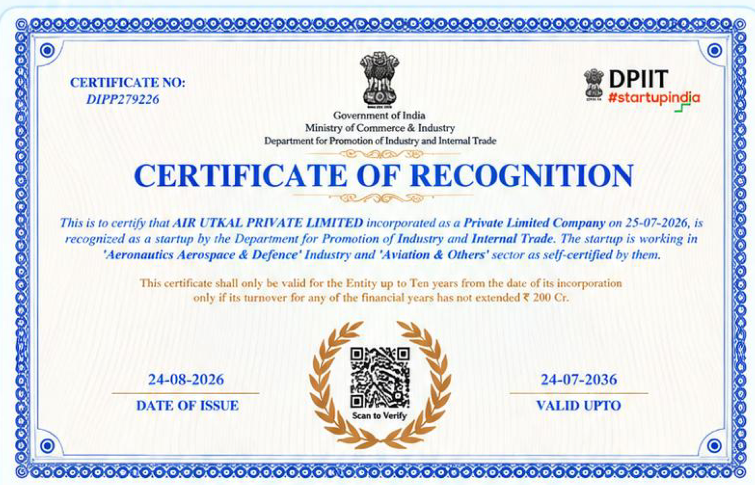 Official certificate of recognition issued by the Government of India to AIR UTKAL PRIVATE LIMITED, recognizing it as a startup in aerospace and defense industry. The certificate has a blue border, government emblem at the top, a QR code at the bottom center, and various official text including issue and expiry dates.
