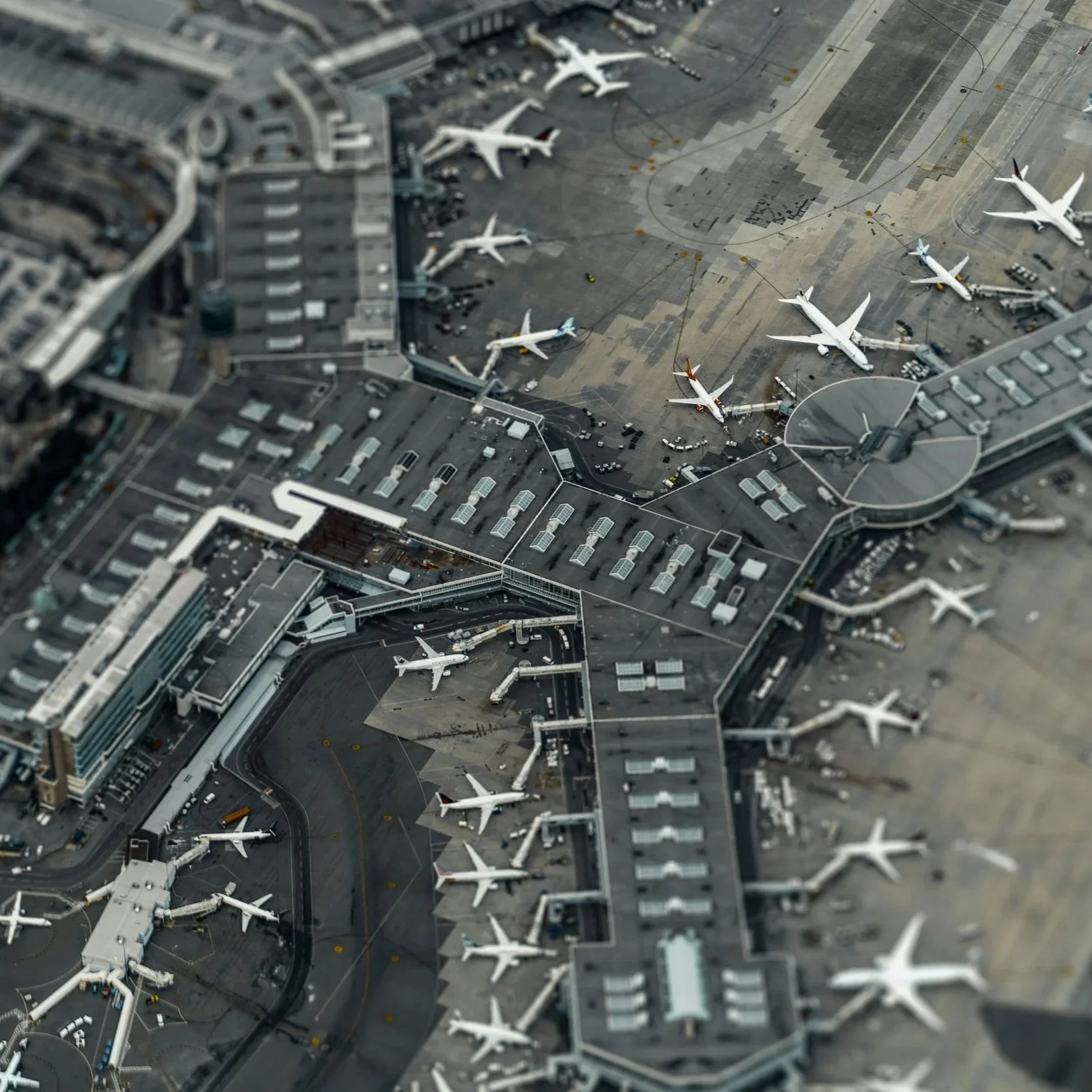 An aerial view of an airport terminal with several airplanes parked at gates and on the runway.