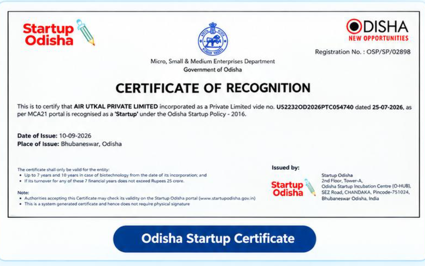Official Odisha Startup Certificate issued to AIR UTKAL PRIVATE LIMITED, recognizing it as a startup under Odisha Startup Policy 2016, issued on September 10, 2026, in Bhubaneswar, Odisha.