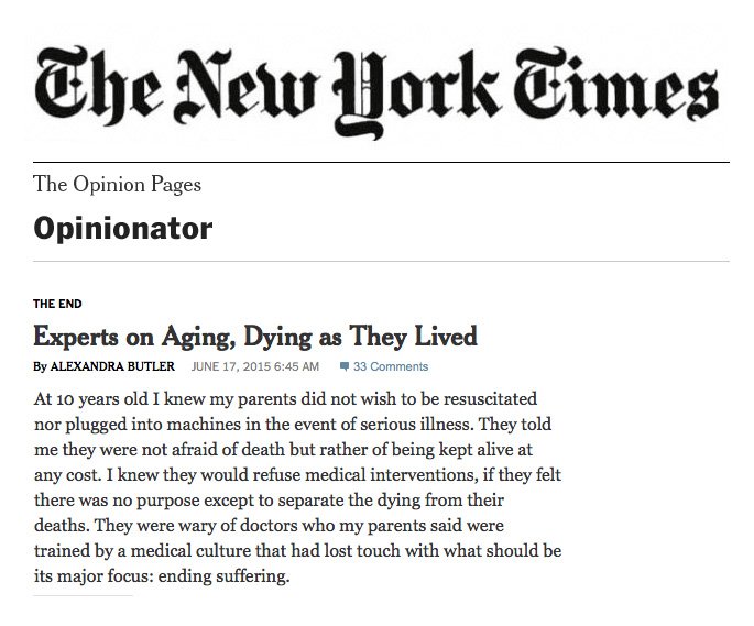 The New York Times Opinion page with an article titled "Experts on Aging, Dying as They Lived" by Alexandra Butler, published June 17, 2015.