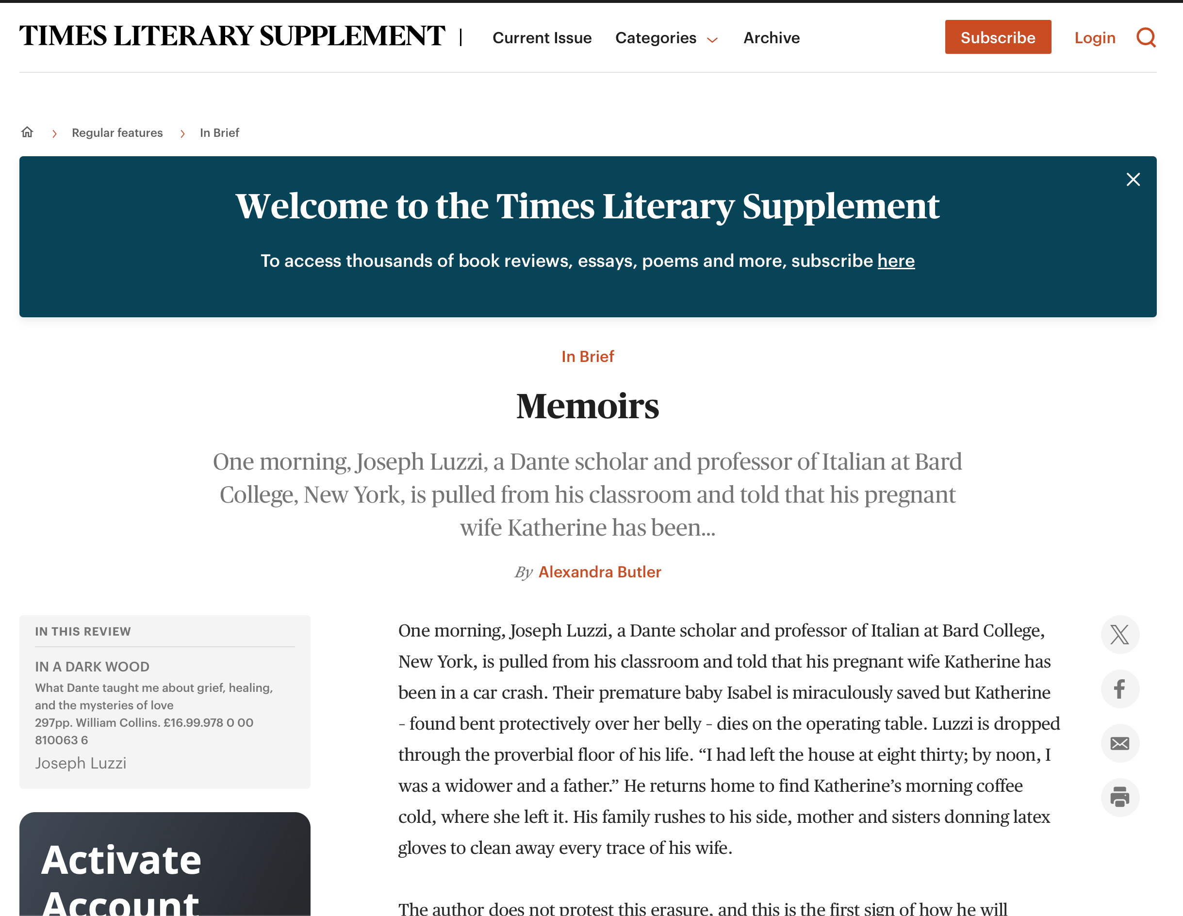 Screenshot of a webpage titled 'Times Literary Supplement' with a welcome message and navigation menu, featuring a dark blue banner and an article titled 'Memoirs' by Alexandra Butler.