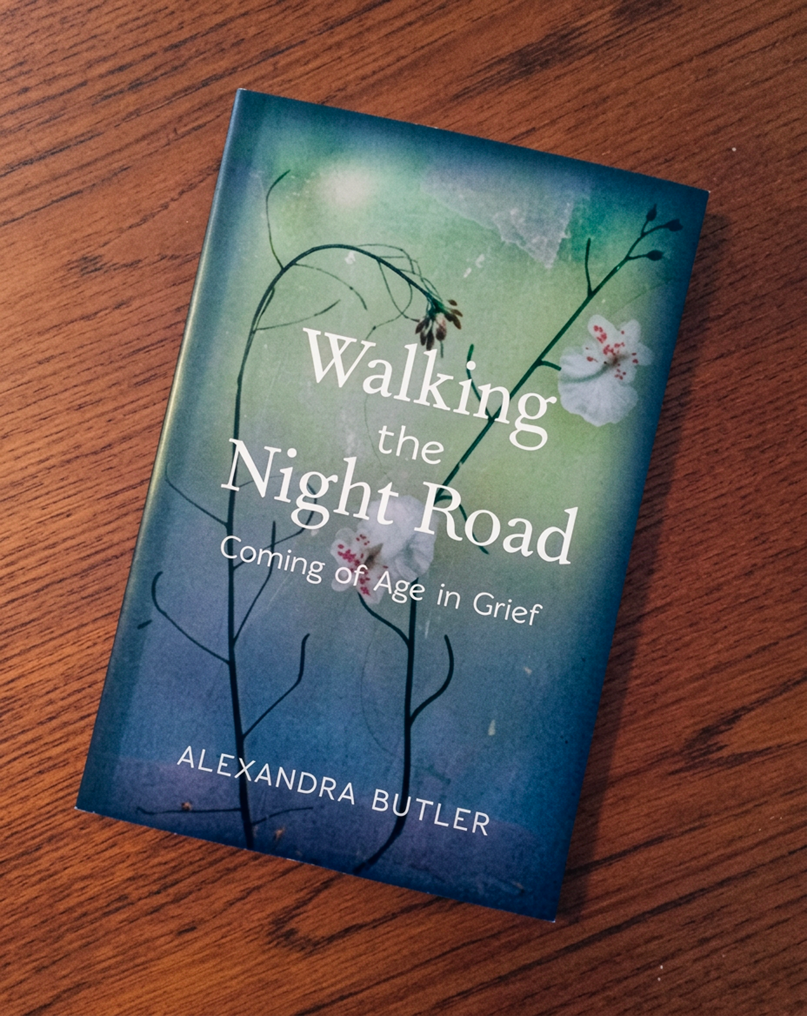 Cover of Walking the Night Road by Alexandra Butler, featuring delicate white flowers against a blue-green gradient background.