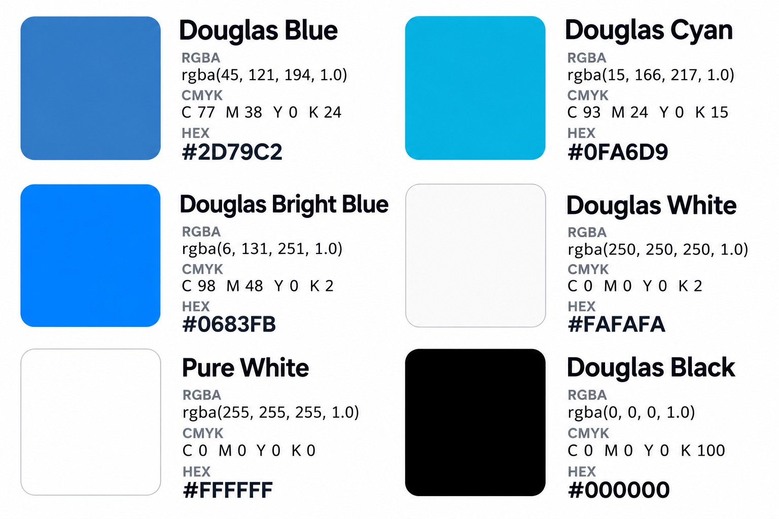 Color palette chart showing six colors: Douglas Blue, Douglas Cyan, Douglas Bright Blue, Douglas White, Pure White, and Douglas Black, with their respective RGBA, CMYK, HEX codes, and color swatches.