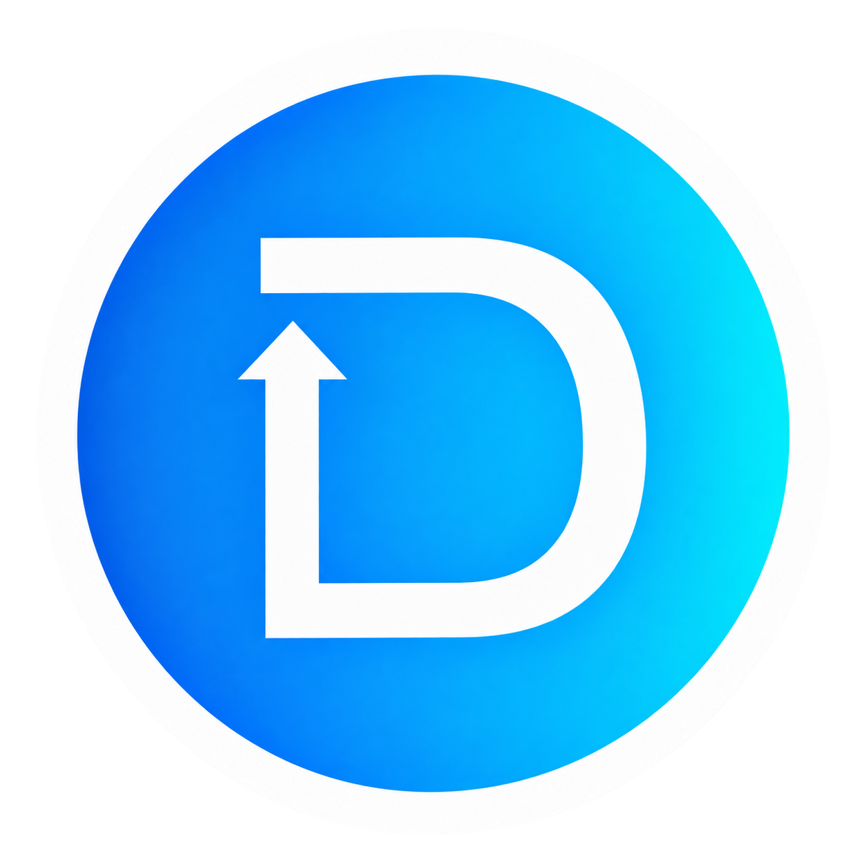 Blue circular road sign with a white letter D and a white arrow pointing upward, indicating a designated turn or lane.