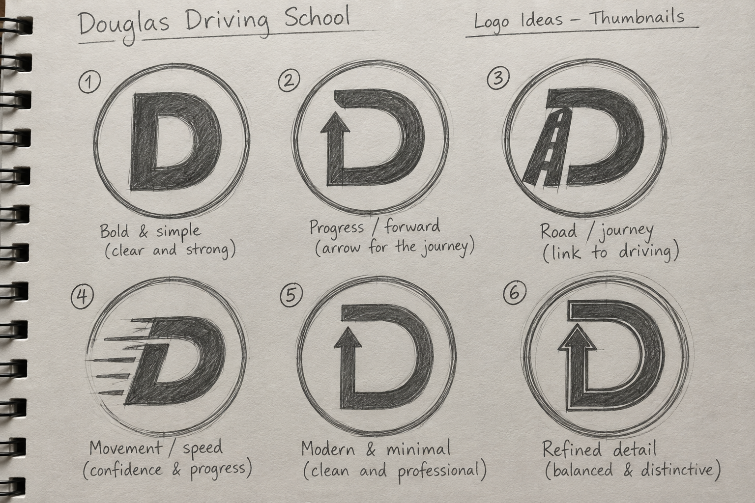 Sketches of six logo ideas for Douglas Driving School, each with different designs and annotations. Logo 1 is a bold, simple letter D; Logo 2 has a D with an arrow indicating progress; Logo 3 incorporates a road with a D; Logo 4 features motion lines for speed; Logo 5 shows a D with an upward arrow for modernity; Logo 6 is a refined, detailed D with an arrow.