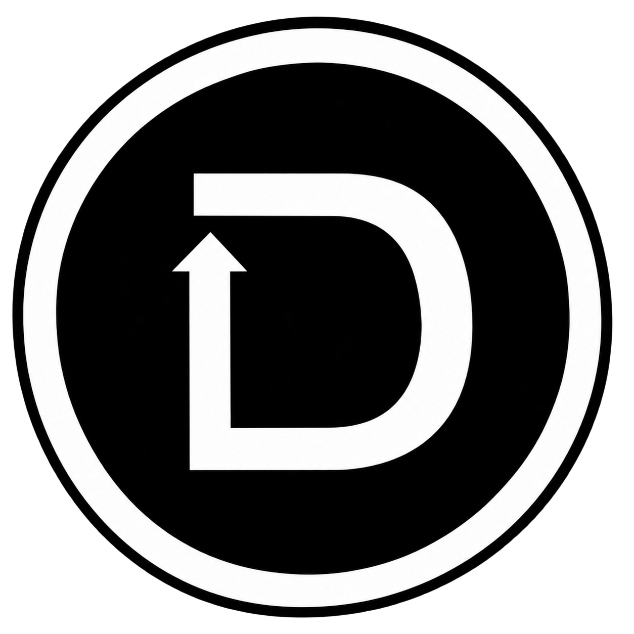Black circular road sign with a white border, displaying a white letter 'D' with an arrow pointing upward.