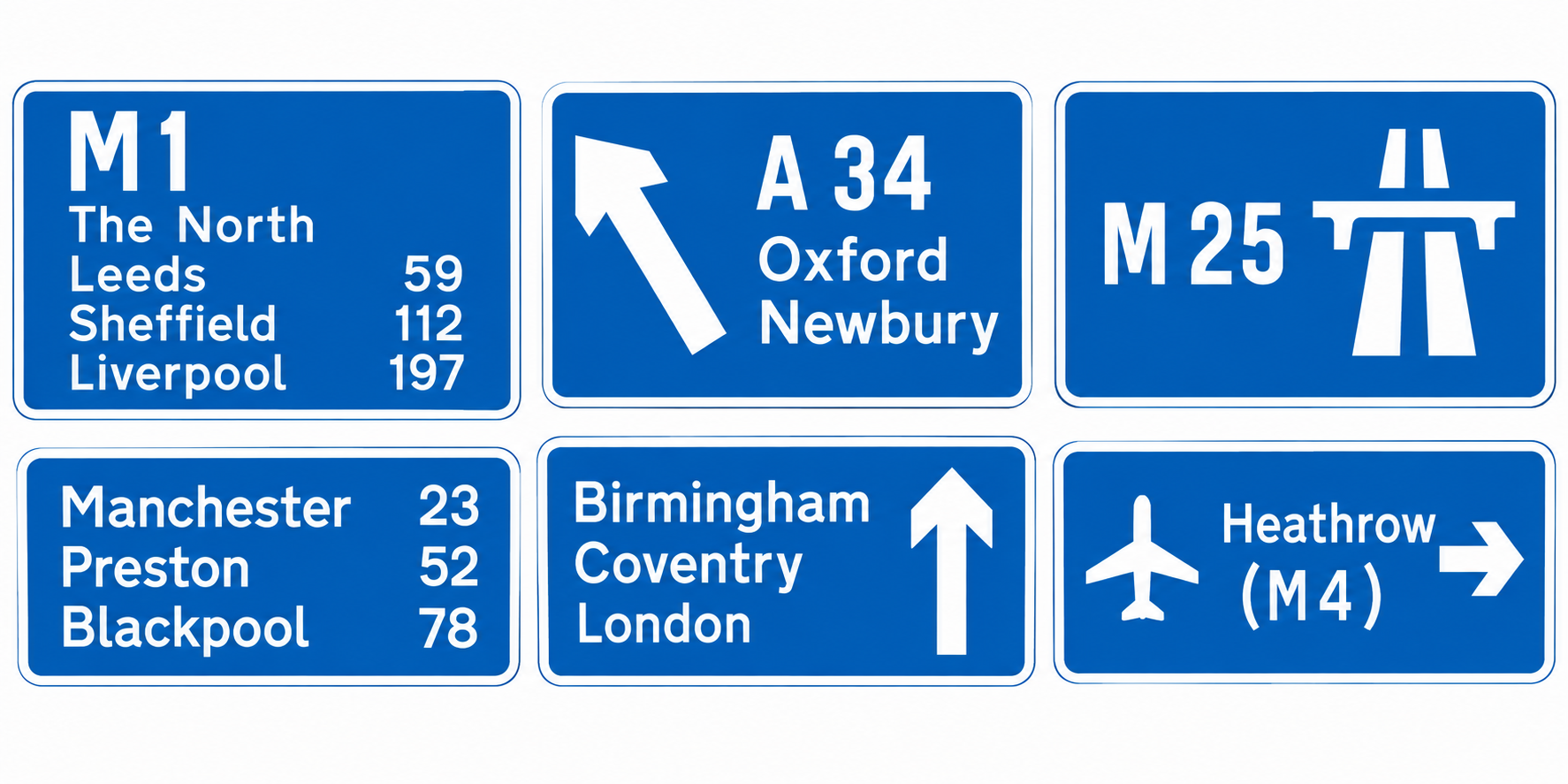Set of six blue highway signs with white text and symbols indicating directions and distances to various cities and airports in the UK.