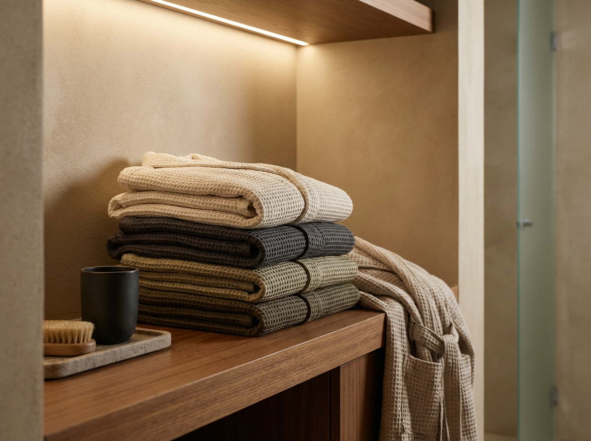 Folded towels in varying neutral tones stacked on a wooden shelf in a minimalist bathroom with warm lighting.