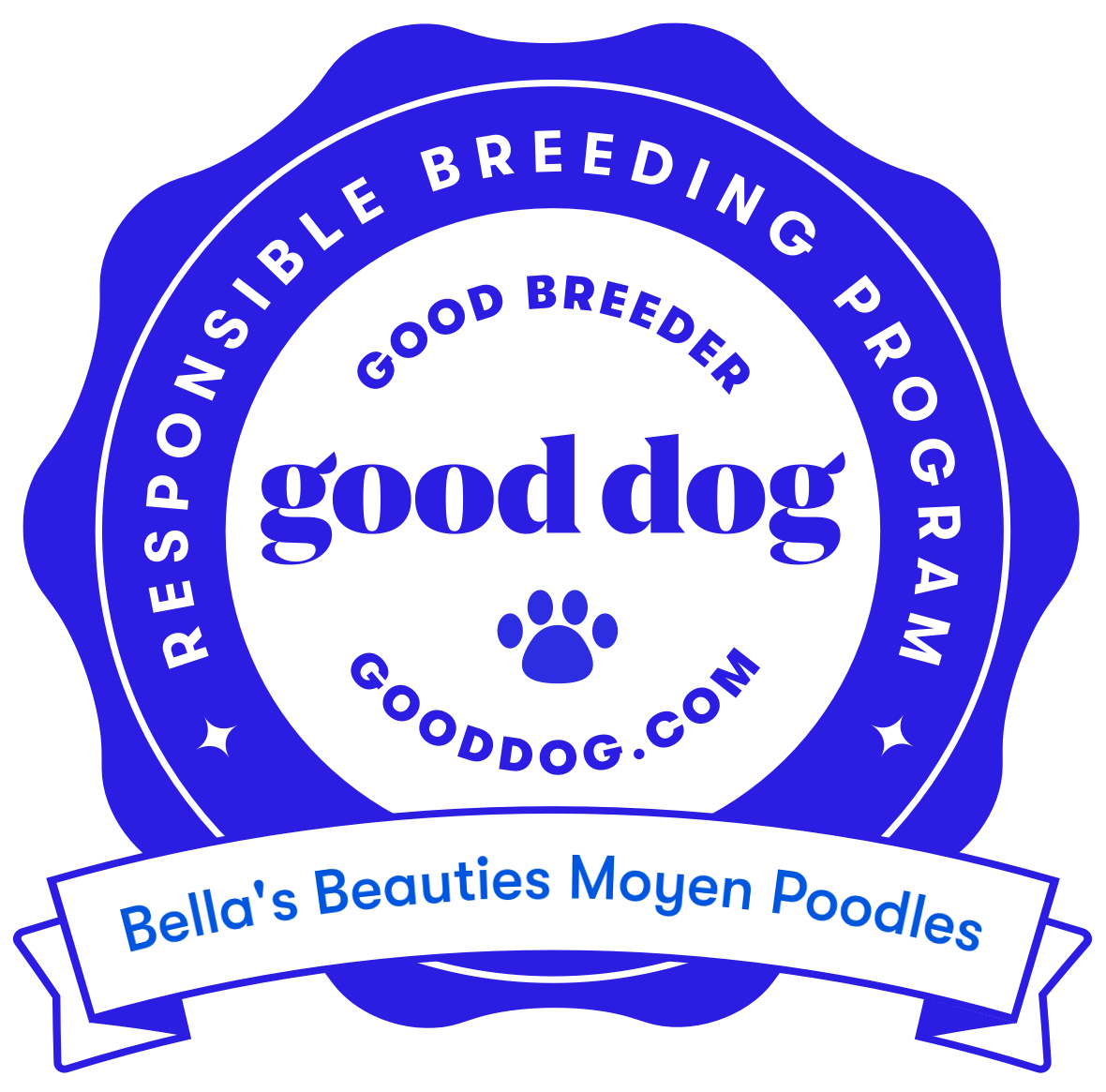 The Good Dog badge with a white circle in the center, reads 'Good Breeder', 'Responsible Breeding Program', with a paw print and the website 'gooddog.com'; blue banner at the bottom says 'Bella's Beauties Mouyen Poodles'.