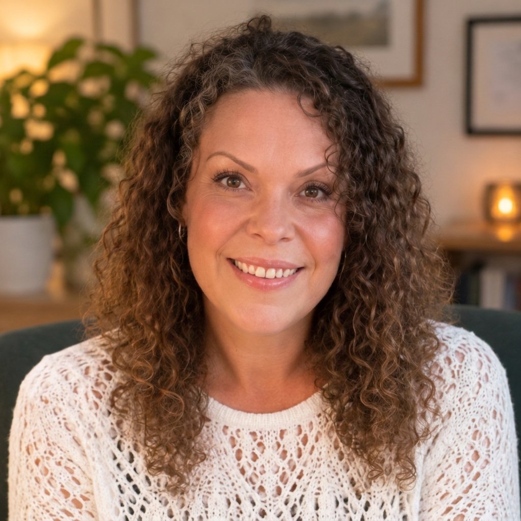 A woman with curly brown hair wearing a white crocheted sweater, smiling, sitting in a cozy indoor setting with a plant and framed artwork in the background.
