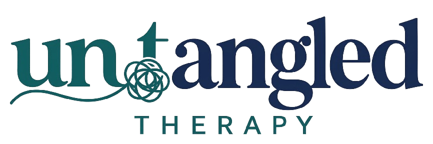 Logo for Untangled Therapy with stylized text in teal and navy blue.