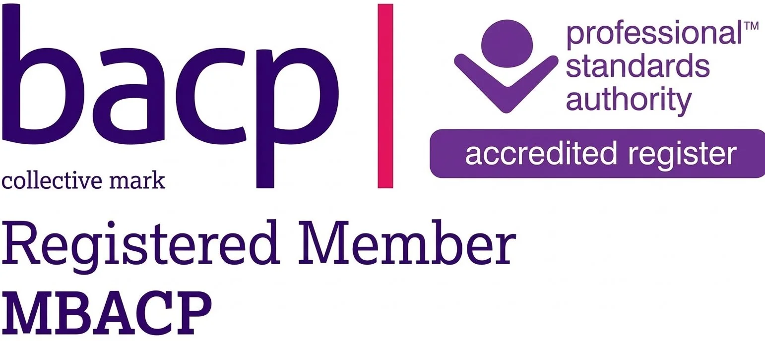 BACP accreditation badge showing 'collective mark', 'professional standards authority', 'accredited register', and 'Registered Member MBACP' in purple text with a purple logo.