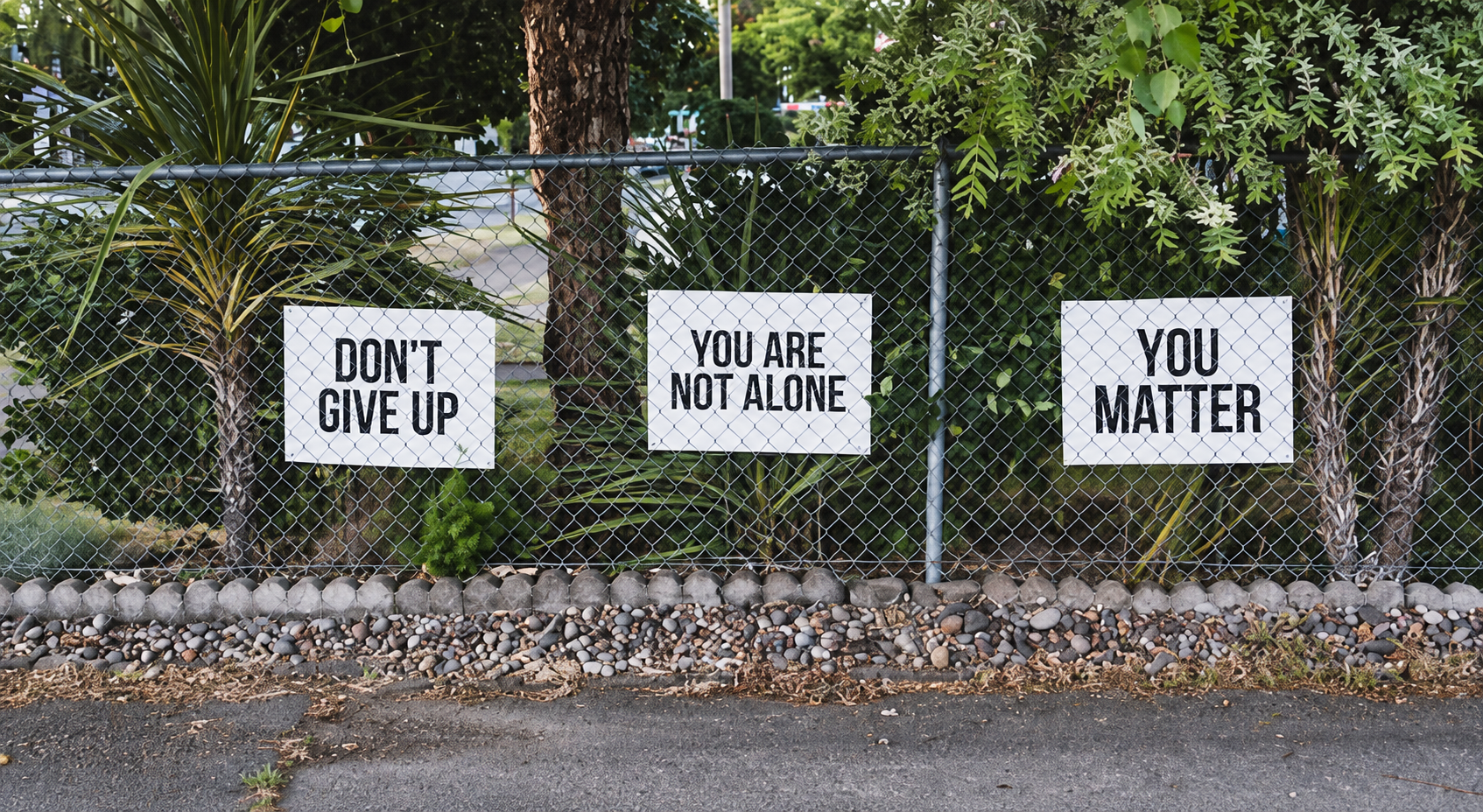 Three signs attached to a chain-link fence with greenery behind them. The signs read from left to right: 'DON'T GIVE UP', 'YOU ARE NOT ALONE', and 'YOU MATTER'.
