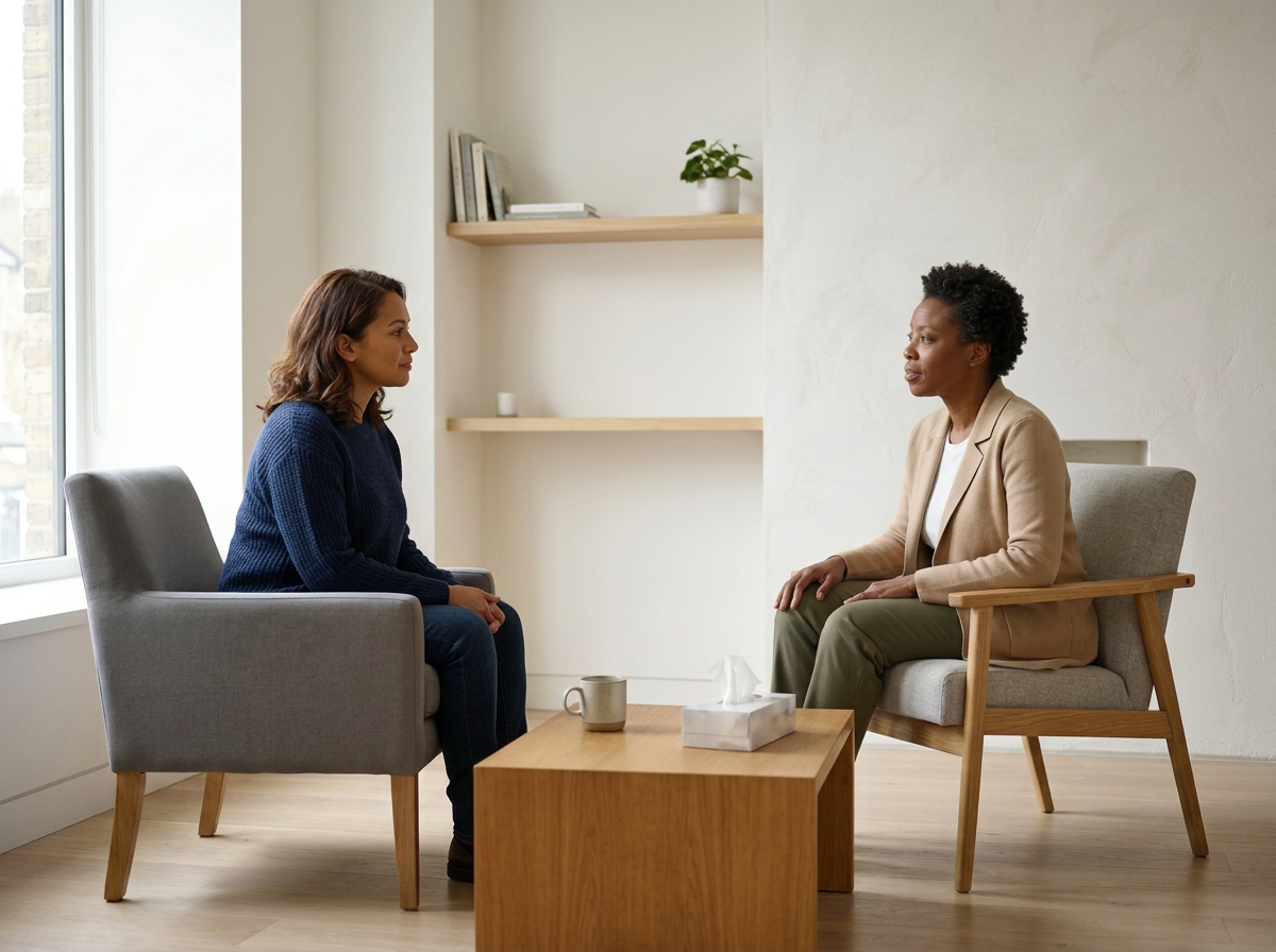 Two women sitting and talking in a therapy or counseling session in a minimalistic room with wooden furniture and a large window.