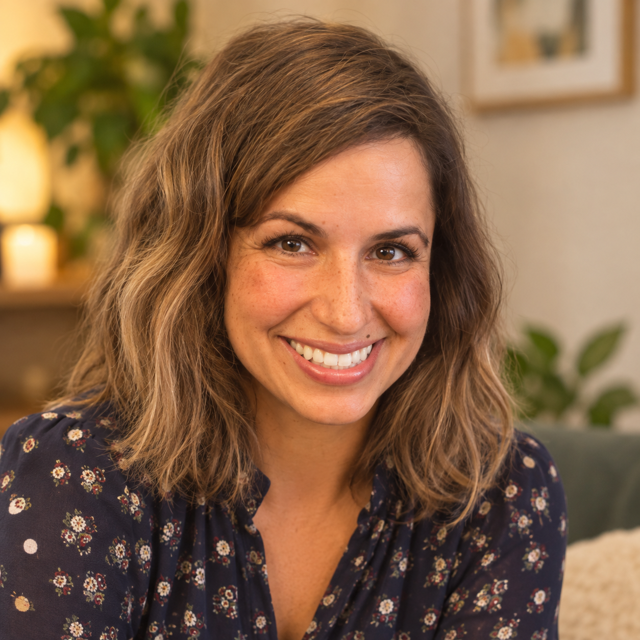 A smiling woman with shoulder-length brown hair and freckles, wearing a navy blue blouse with a floral pattern, sitting in a cozy indoor setting with blurred background including plants and framed artwork.