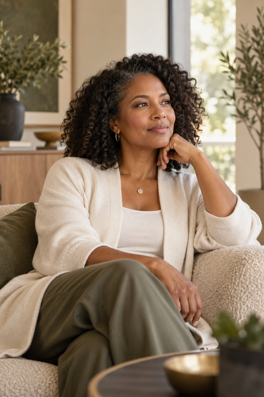 Confident midlife woman reflecting in a warm, serene interior