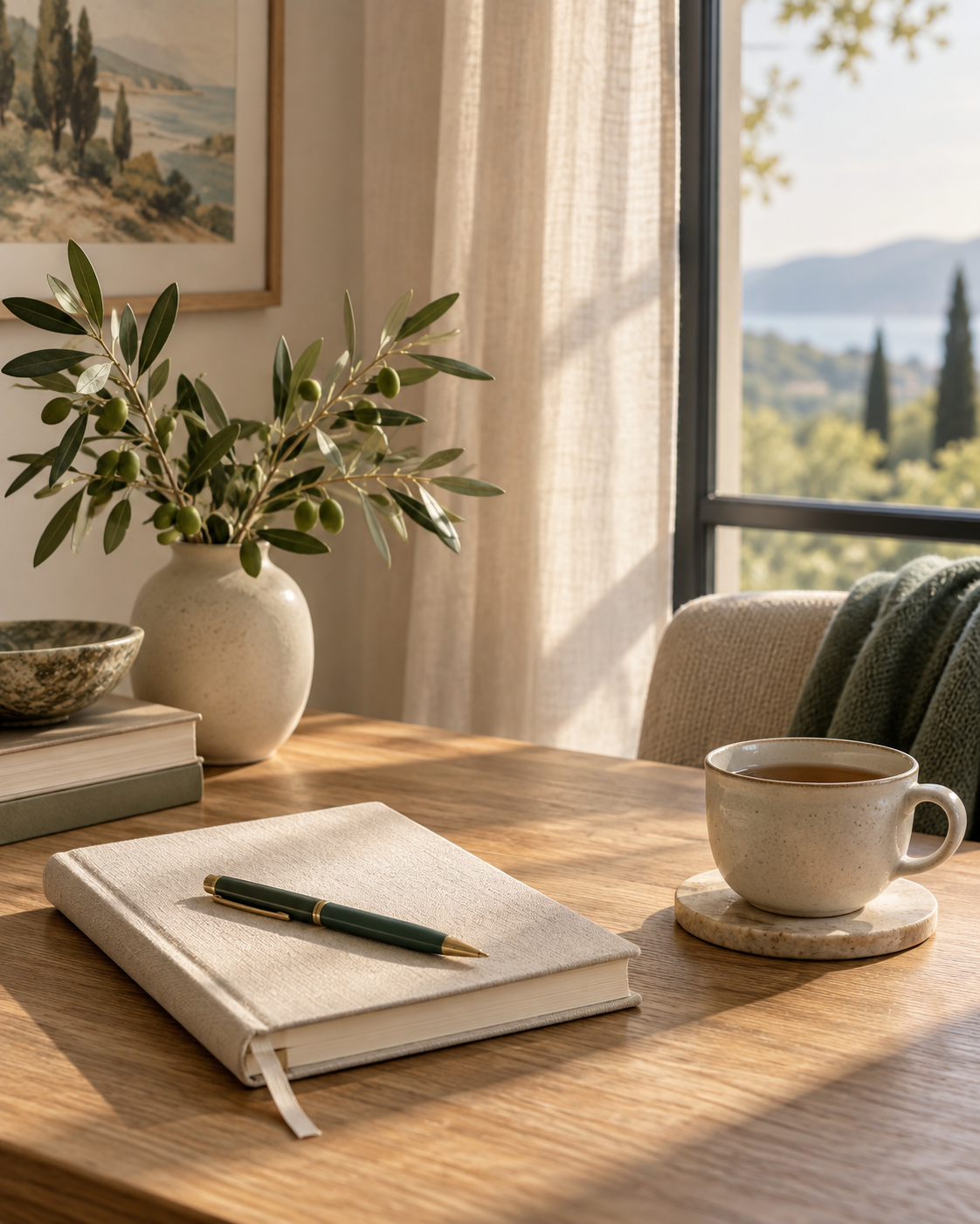 Journal and tea in a warm, sunlit wellness setting