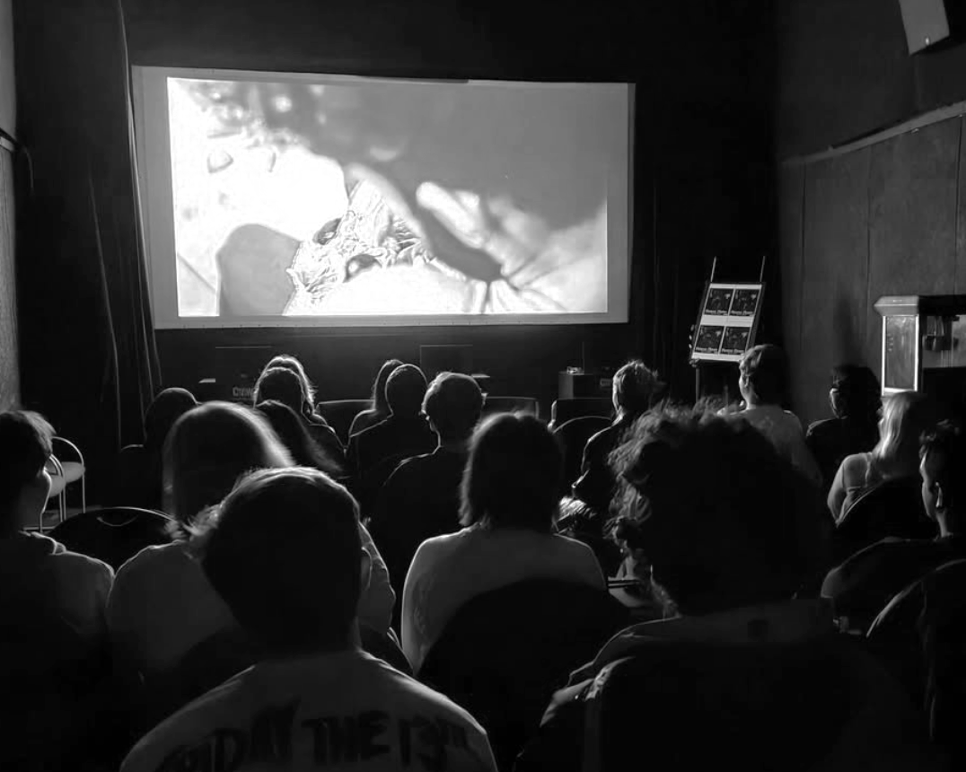 A group of people watching a movie or presentation in a dark theater or screening room.