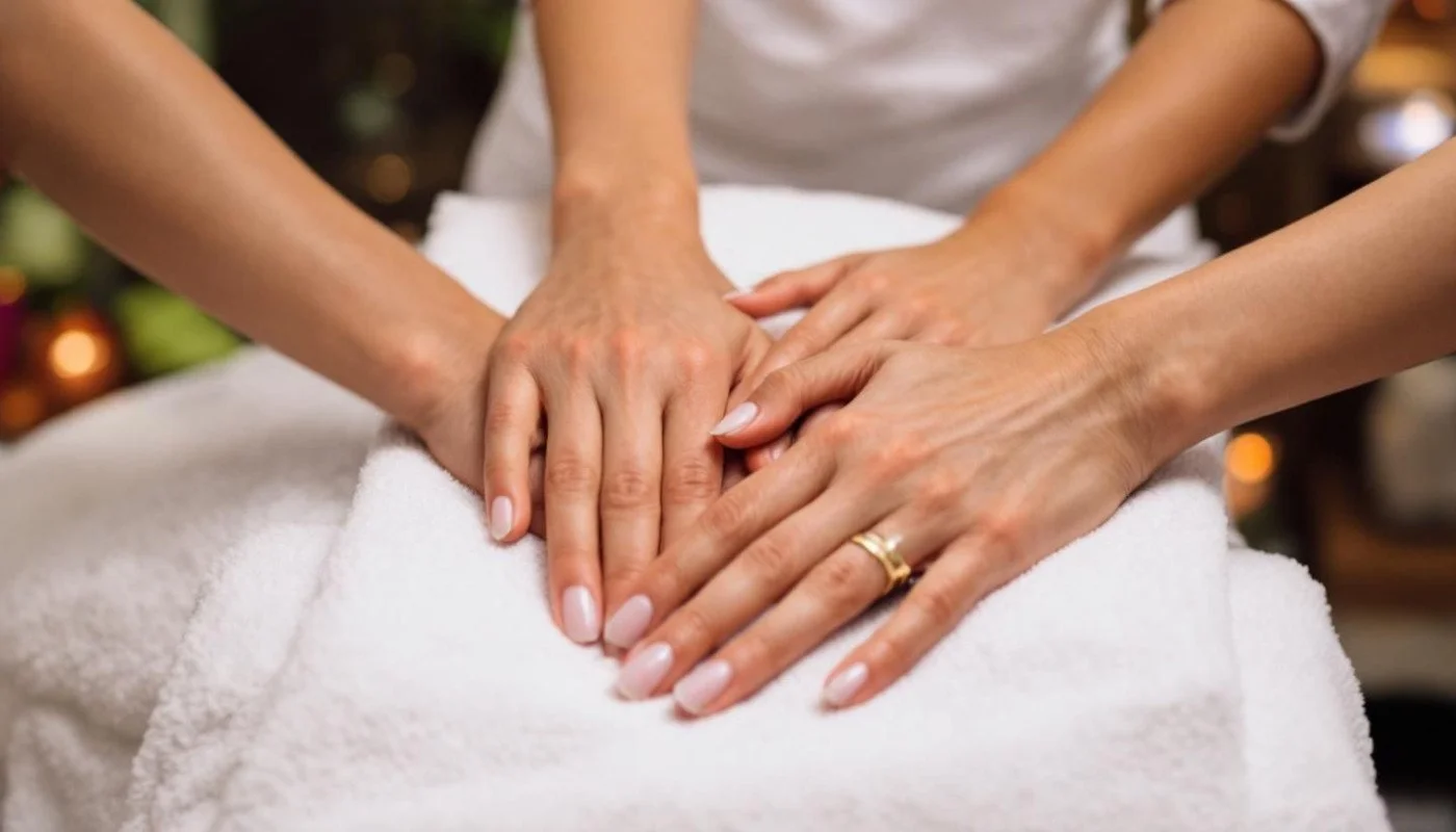 Deux mains de femmes, dont une porte une alliance, pratiquent un massage sur un client allongé, recouvert d'une serviette blanche.